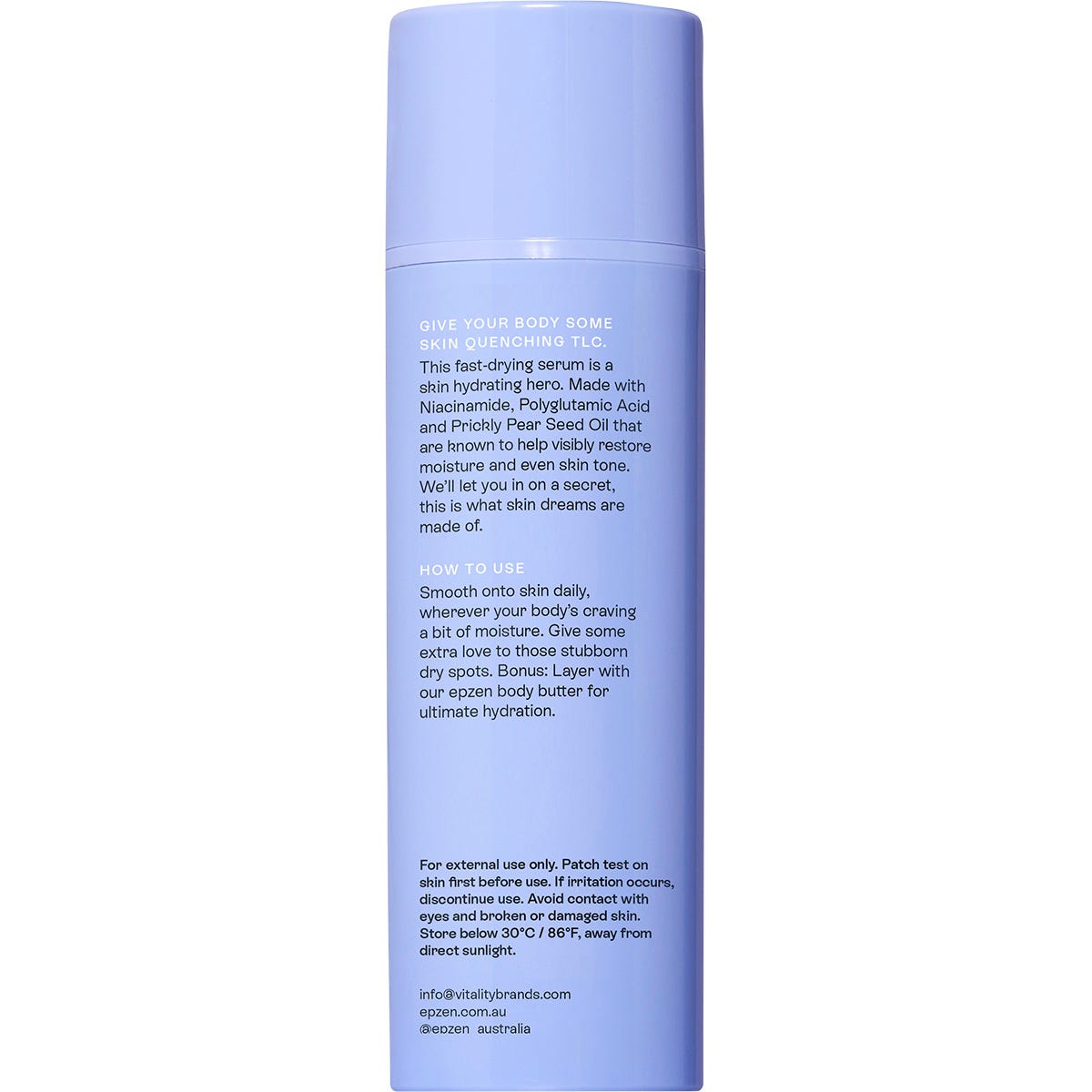 Back of 150ml Epzen Hydrating Body Serum bottle showing ingredients and directions on a purple and white label.