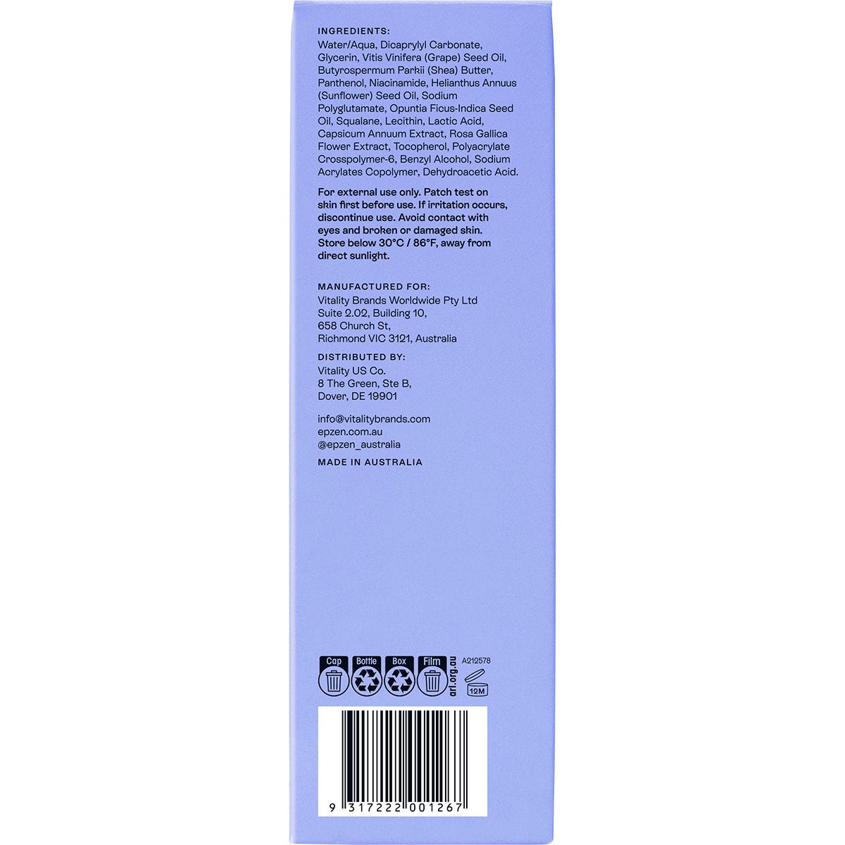 Back of Epzen Hydrating Body Serum box showing product details, ingredients, and directions on a purple background.