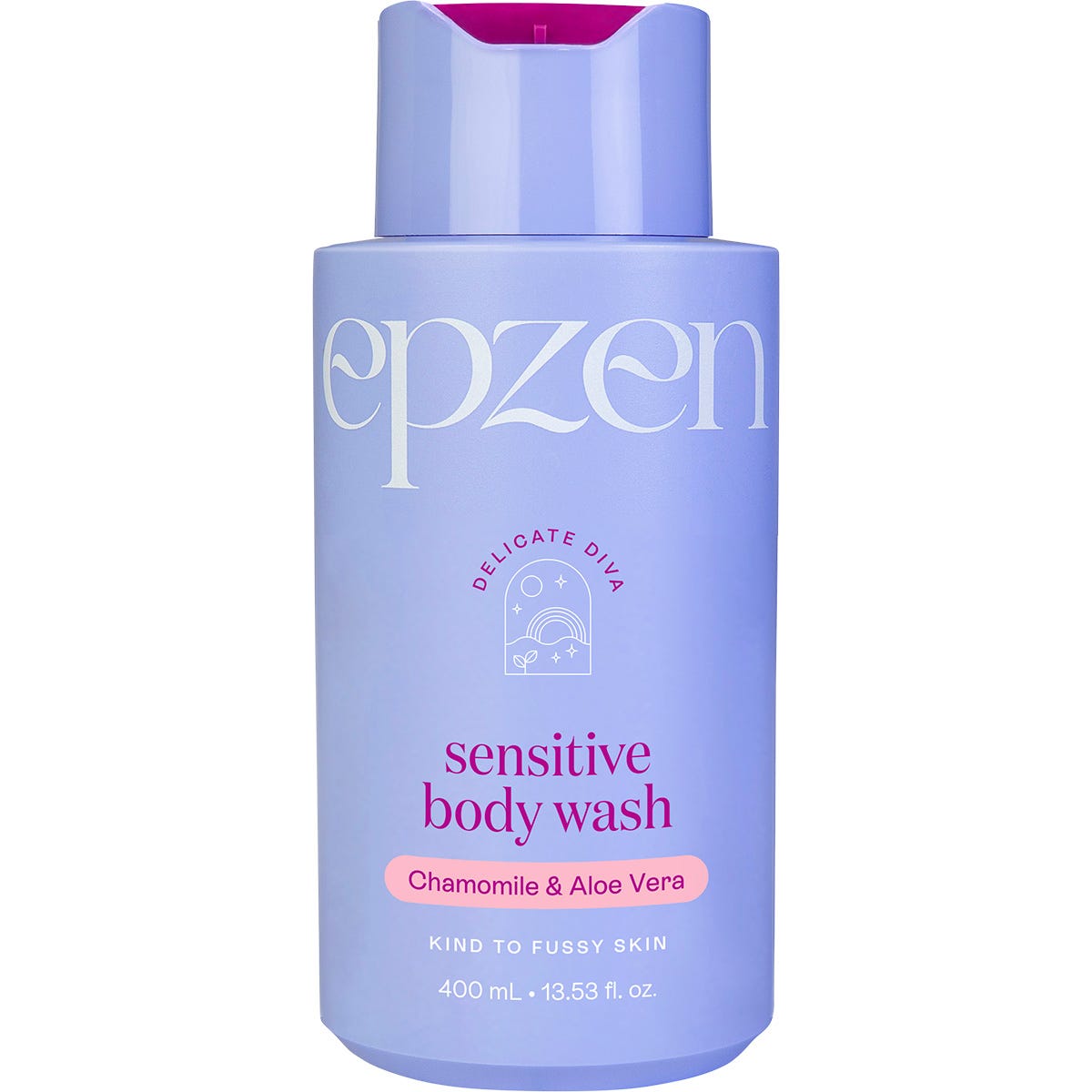 400ml pump bottle of Epzen Sensitive Body Wash with chamomile and aloe vera on a clean white background.