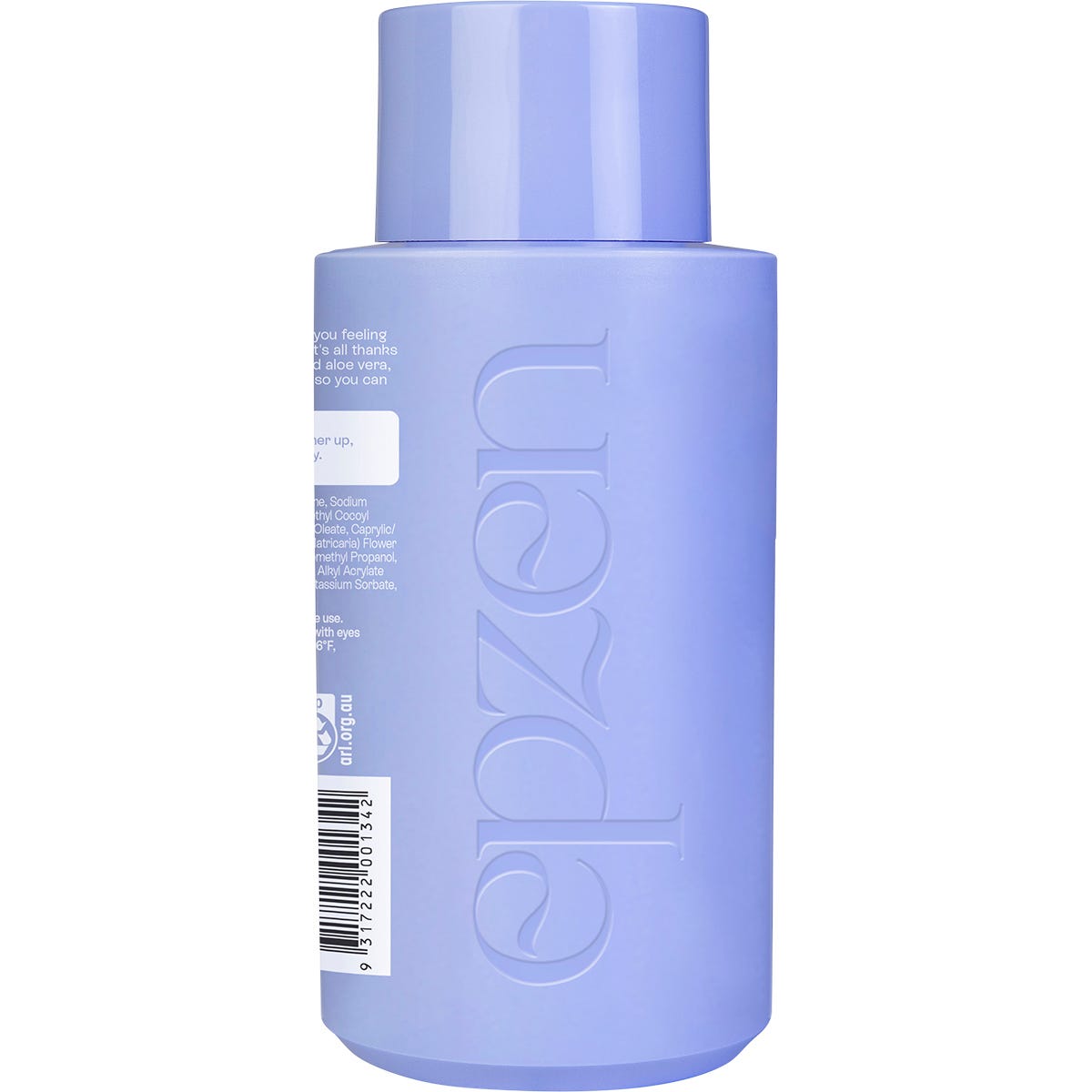 Side view of a 400ml Epzen Sensitive Body Wash bottle showing product benefits and a "Vegan Friendly" logo.