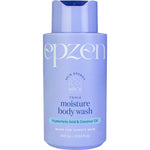 Epzen Triple Moisture Body Wash in a 400ml blue bottle with hyaluronic acid, coconut oil, and a flip-top lid.