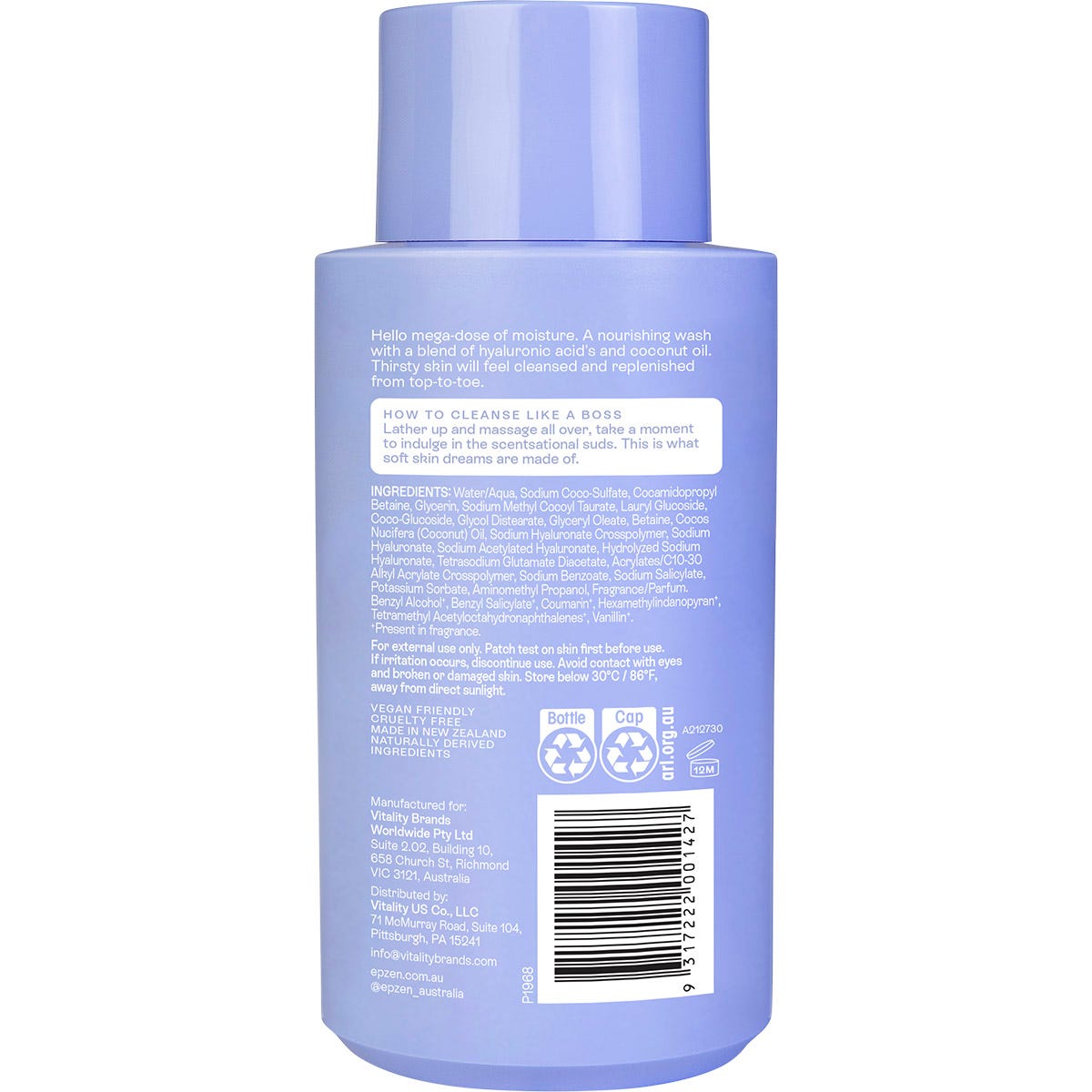 Back view of an Epzen Triple Moisture Body Wash 400ml blue bottle showing product details and ingredients.