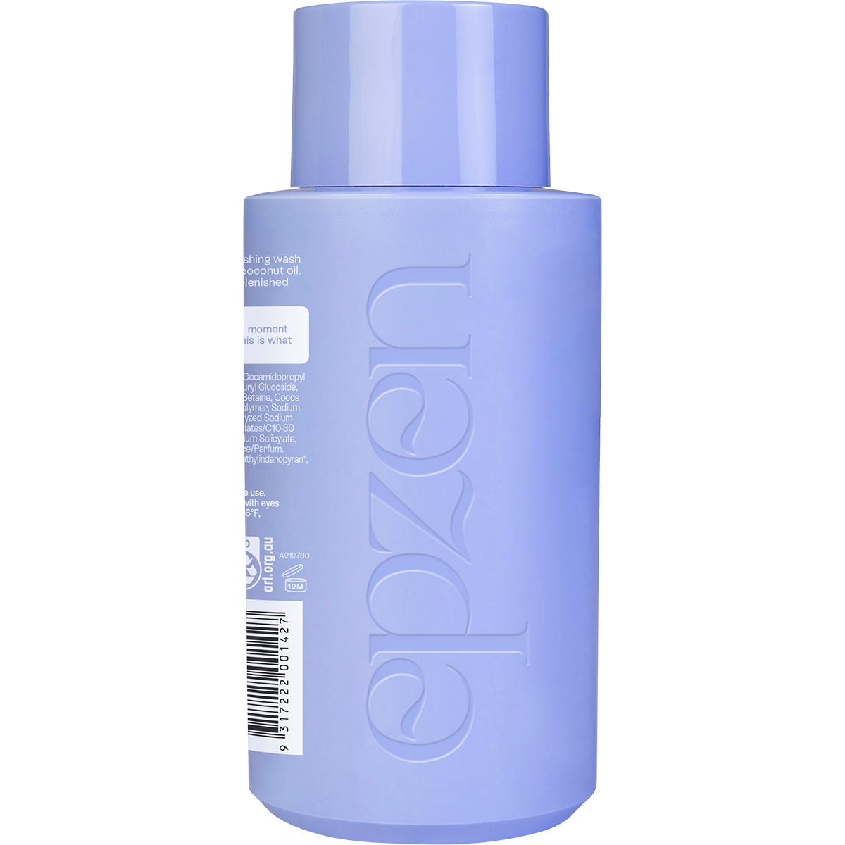 Side view of a 400ml blue Epzen Triple Moisture Body Wash bottle showing product features and benefits.