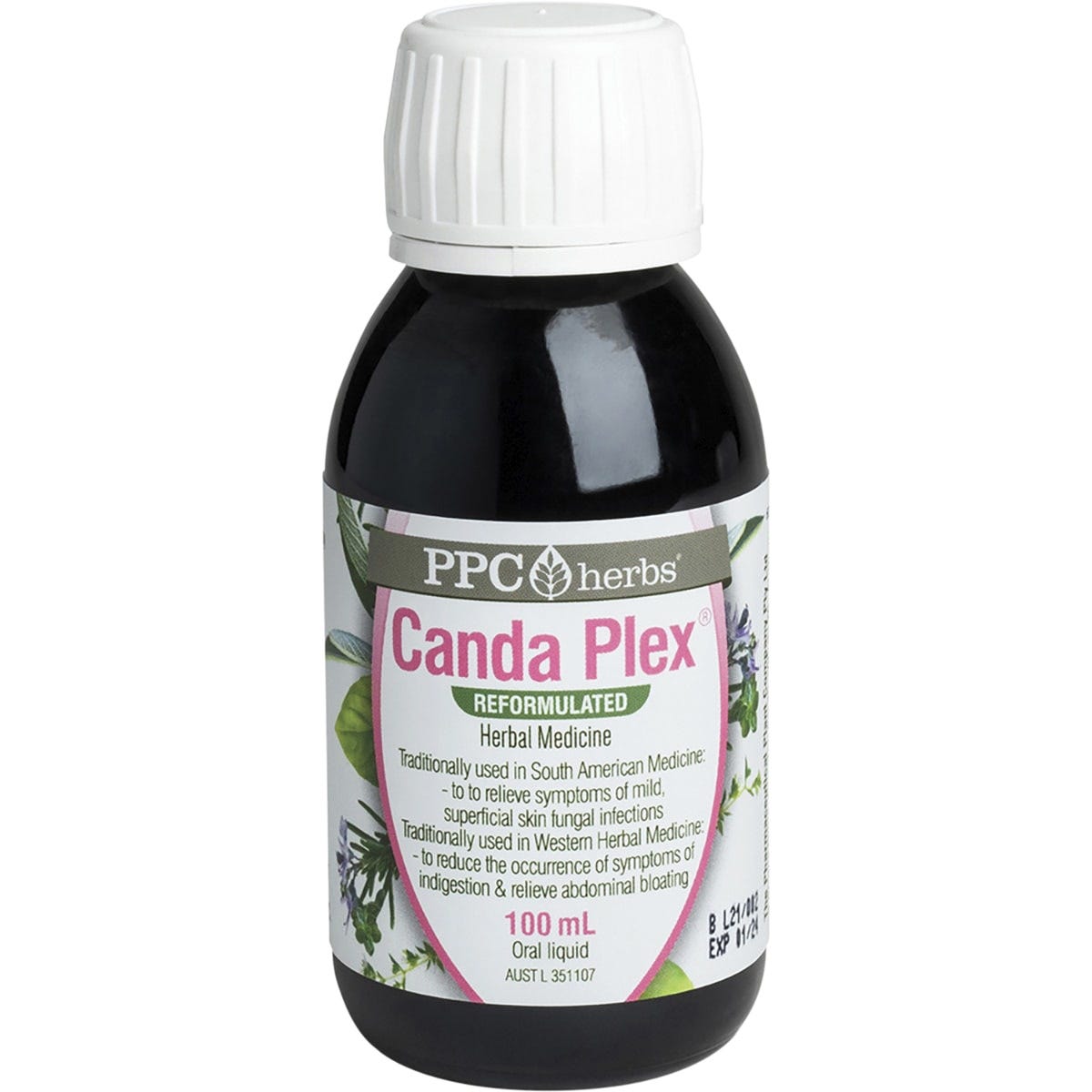 PPC Herbs Canda-Plex 100ml liquid herbal remedy bottle with a white and green label for digestive support.