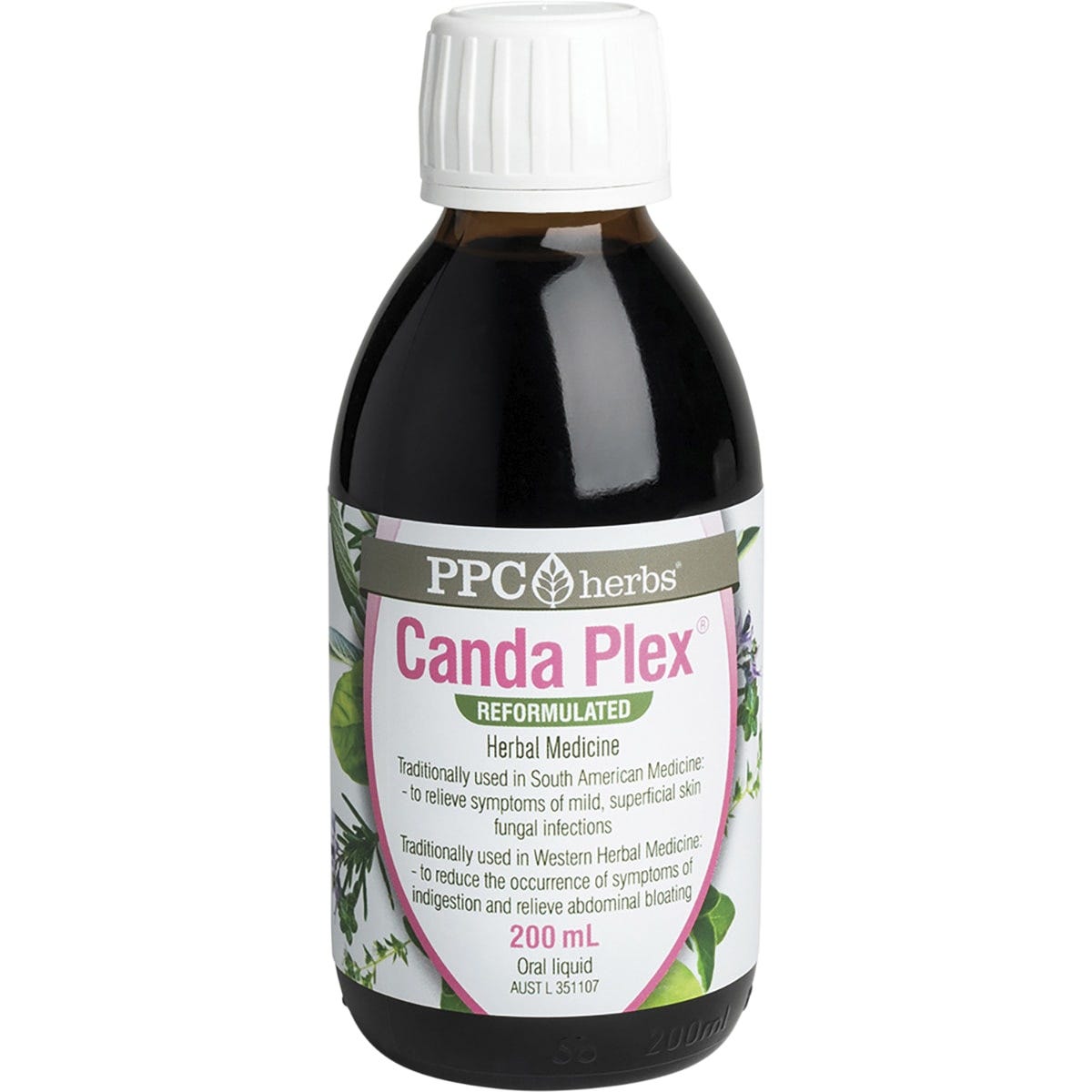 200ml bottle of PPC Herbs Canda-Plex herbal medicine for fungal infections and indigestion, made in Australia.