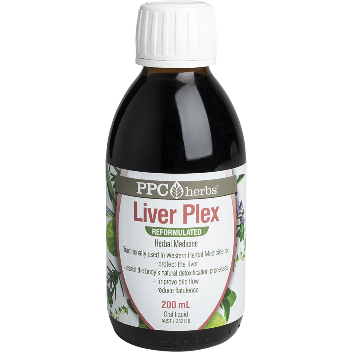 200ml bottle of PPC Herbs Liver-Plex herbal remedy with a white and green label on a white background.