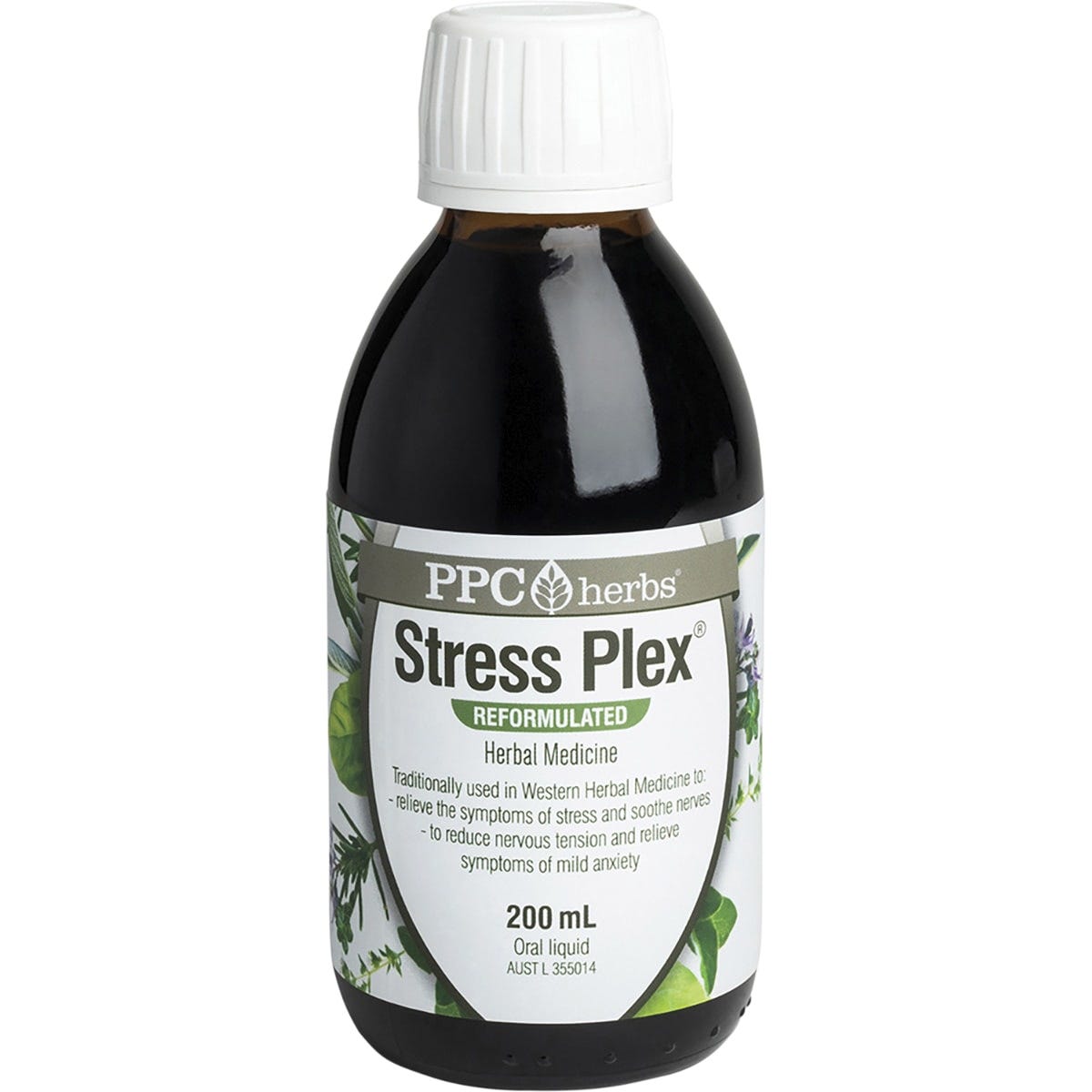 200ml bottle of PPC Herbs Stress-Plex Herbal Remedy, an Australian made liquid herbal medicine for stress relief.