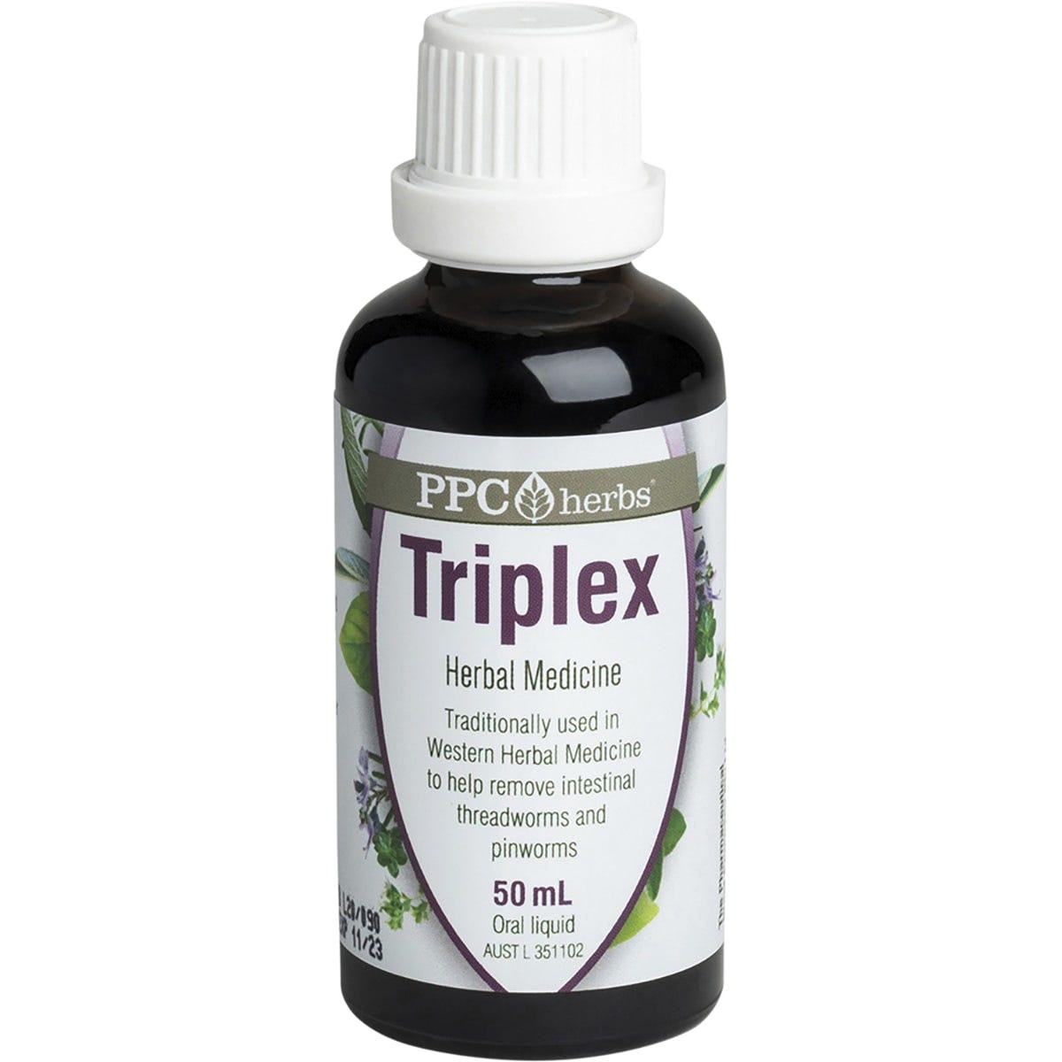 50ml bottle of PPC Herbs Tri-Plex Herbal Remedy featuring a white label with green text and a botanical illustration.