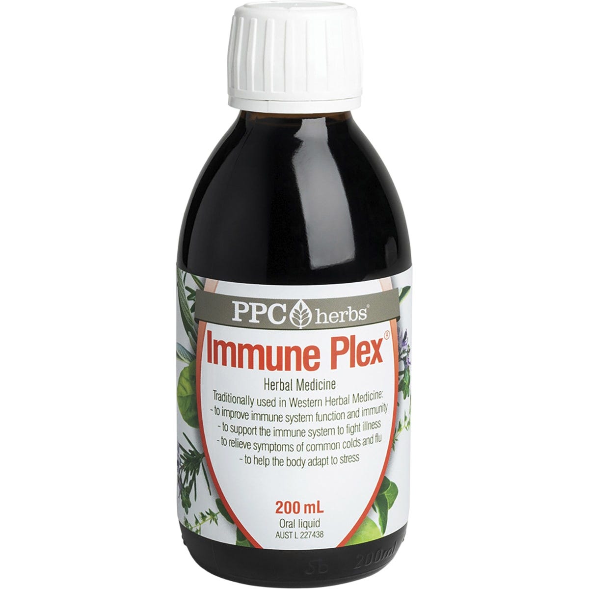 200ml bottle of PPC Herbs Immune-Plex herbal remedy with a white label and botanical illustrations.
