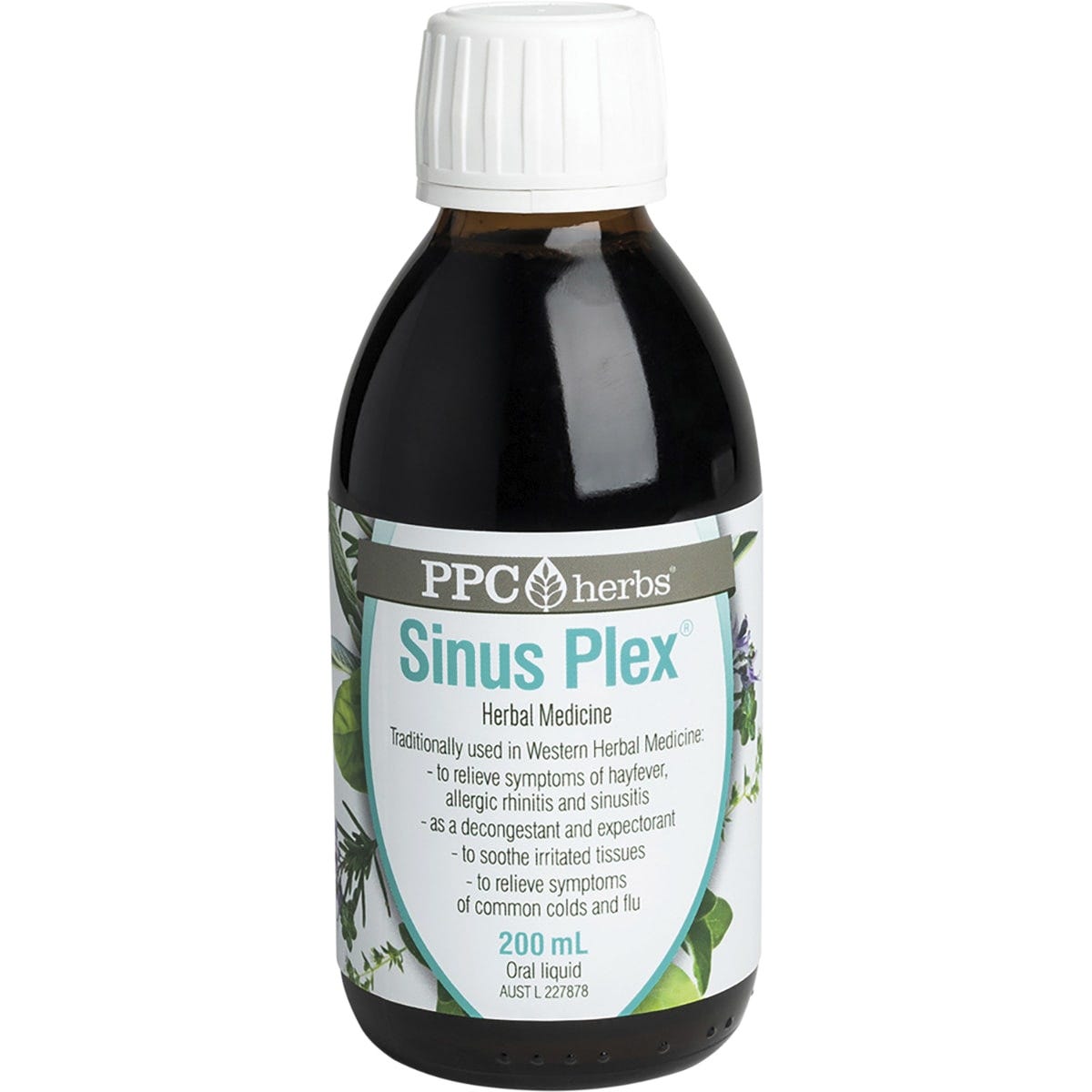 PPC Herbs Sinus-Plex 200ml bottle featuring a white label with green and blue accents for sinus and hayfever relief.