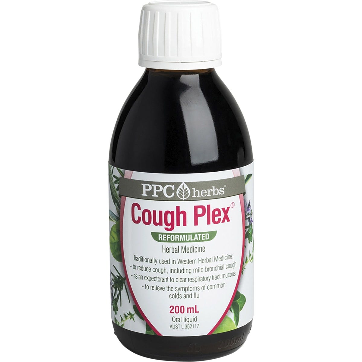 200ml bottle of PPC Herbs Cough-Plex Herbal Remedy, an Australian made oral liquid for cold and flu relief.