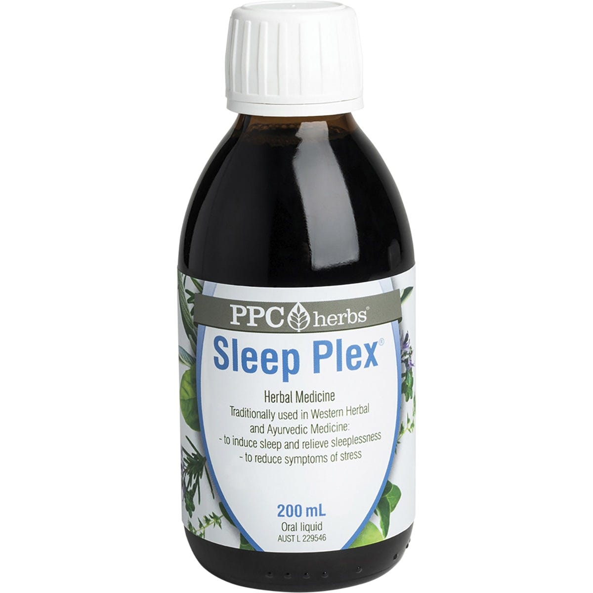 200ml bottle of PPC Herbs Sleep-Plex Herbal Remedy, an oral liquid for sleep and stress relief, on a white background.