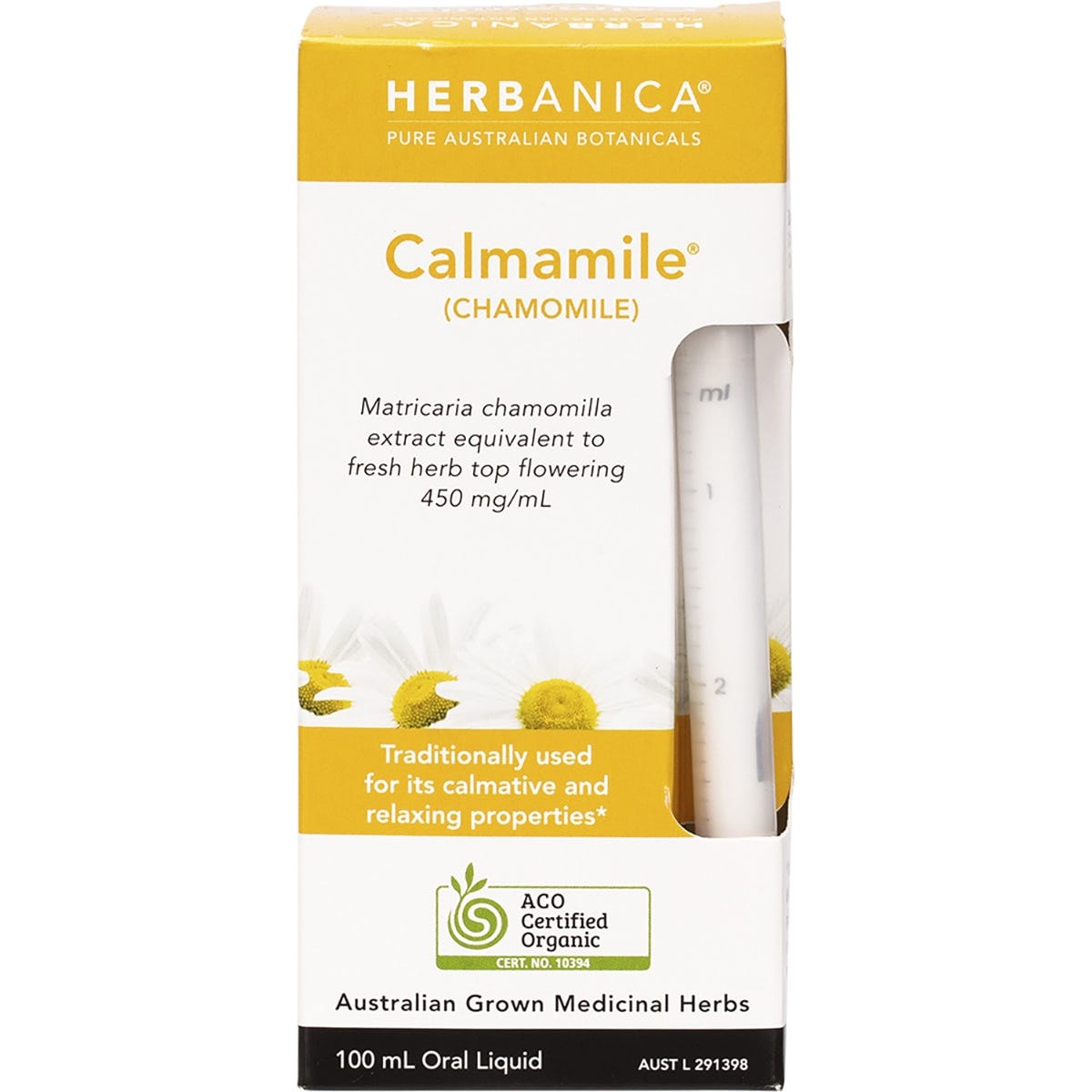 White Herbanica Calmamile 100ml retail box featuring chamomile illustrations and product benefits on a white background.