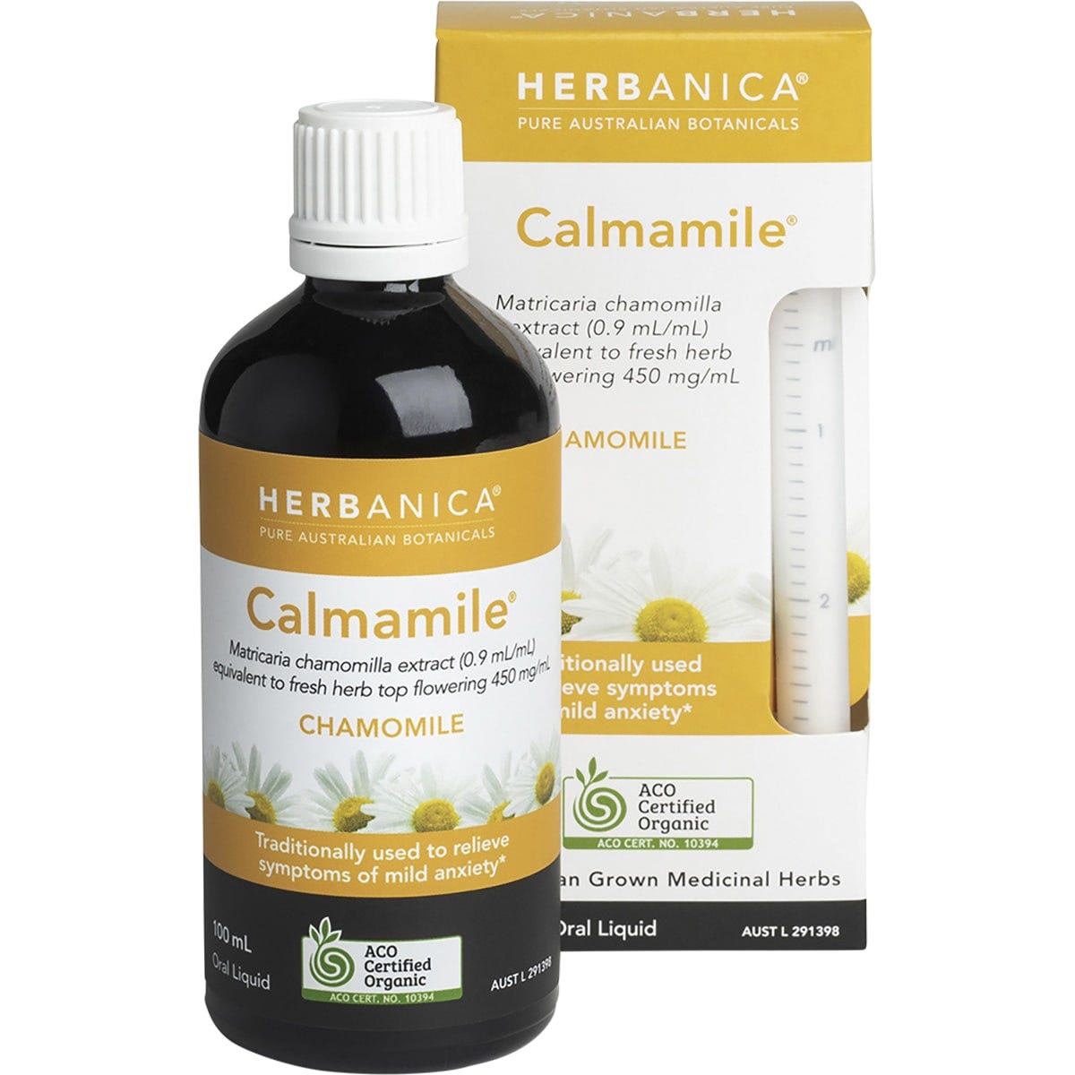 PPC Herbs Herbanica Calmamile 100ml bottle and packaging featuring chamomile illustrations on a white background.