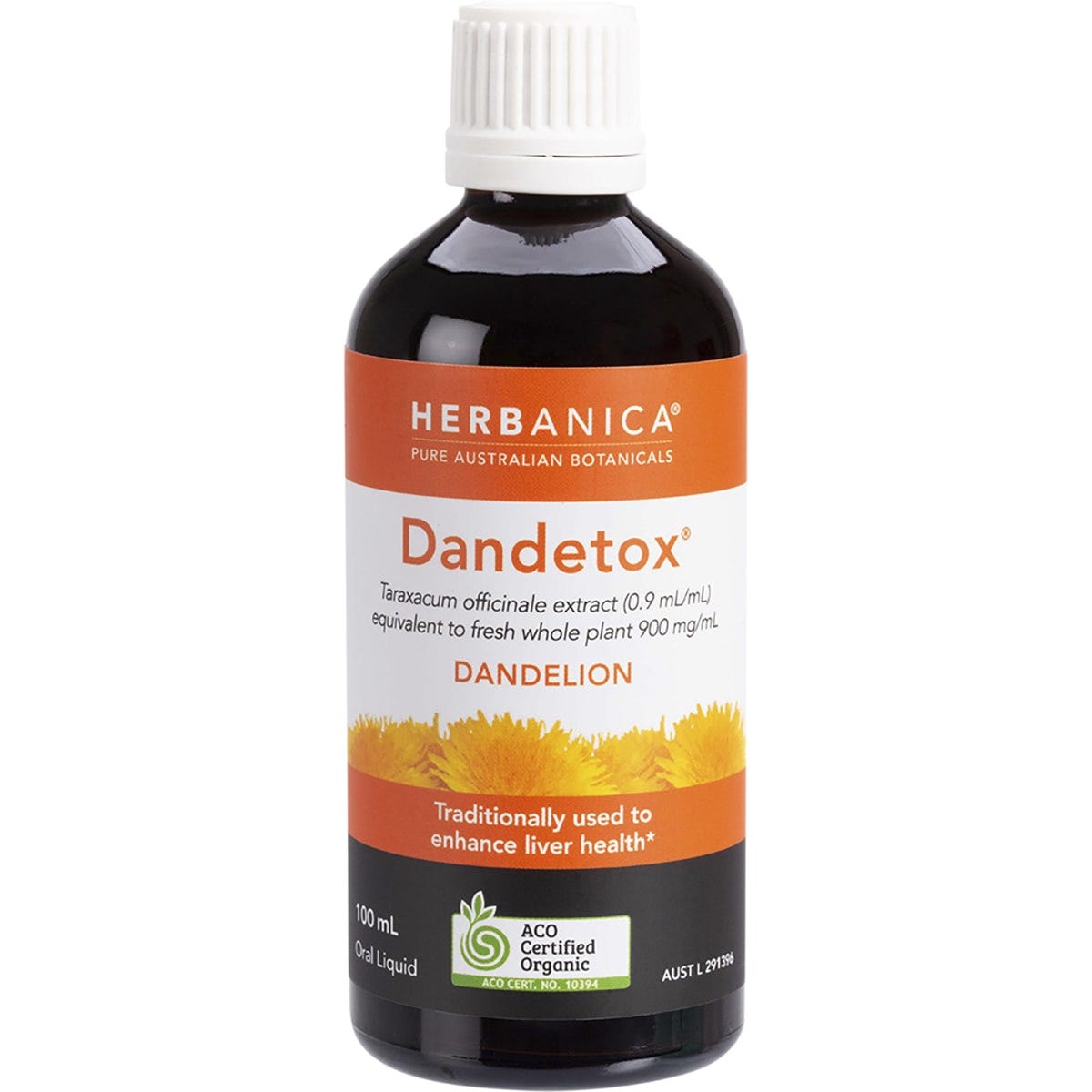 PPC Herbs Herbanica Dandetox 100ml herbal tincture bottle with a white and green label on a white background.