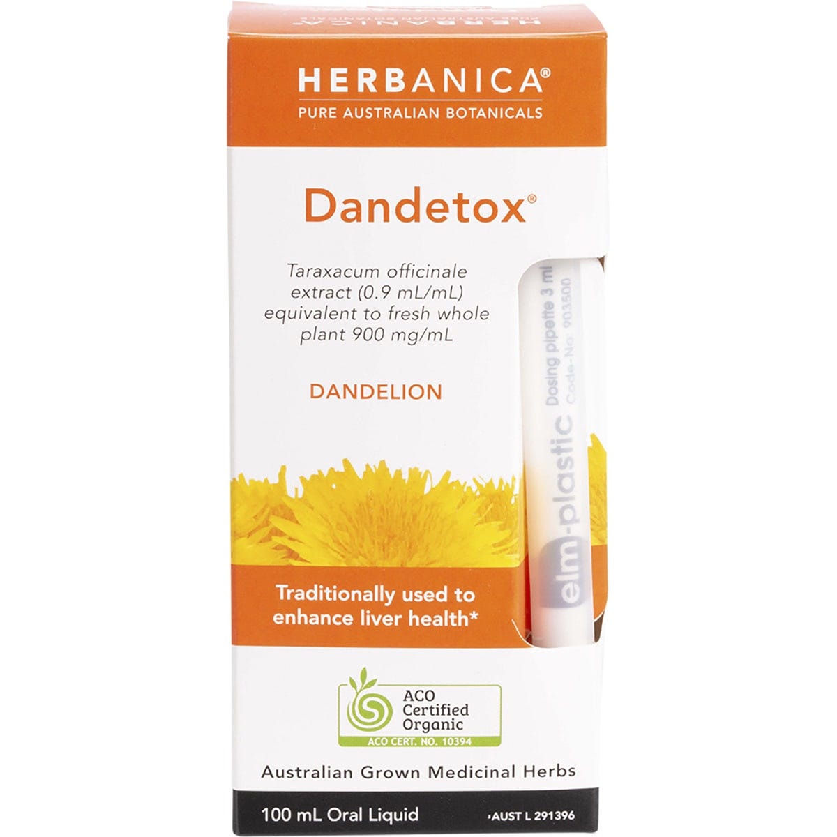 PPC Herbs Herbanica Dandetox 100ml retail box with a white and green floral design on a white background.