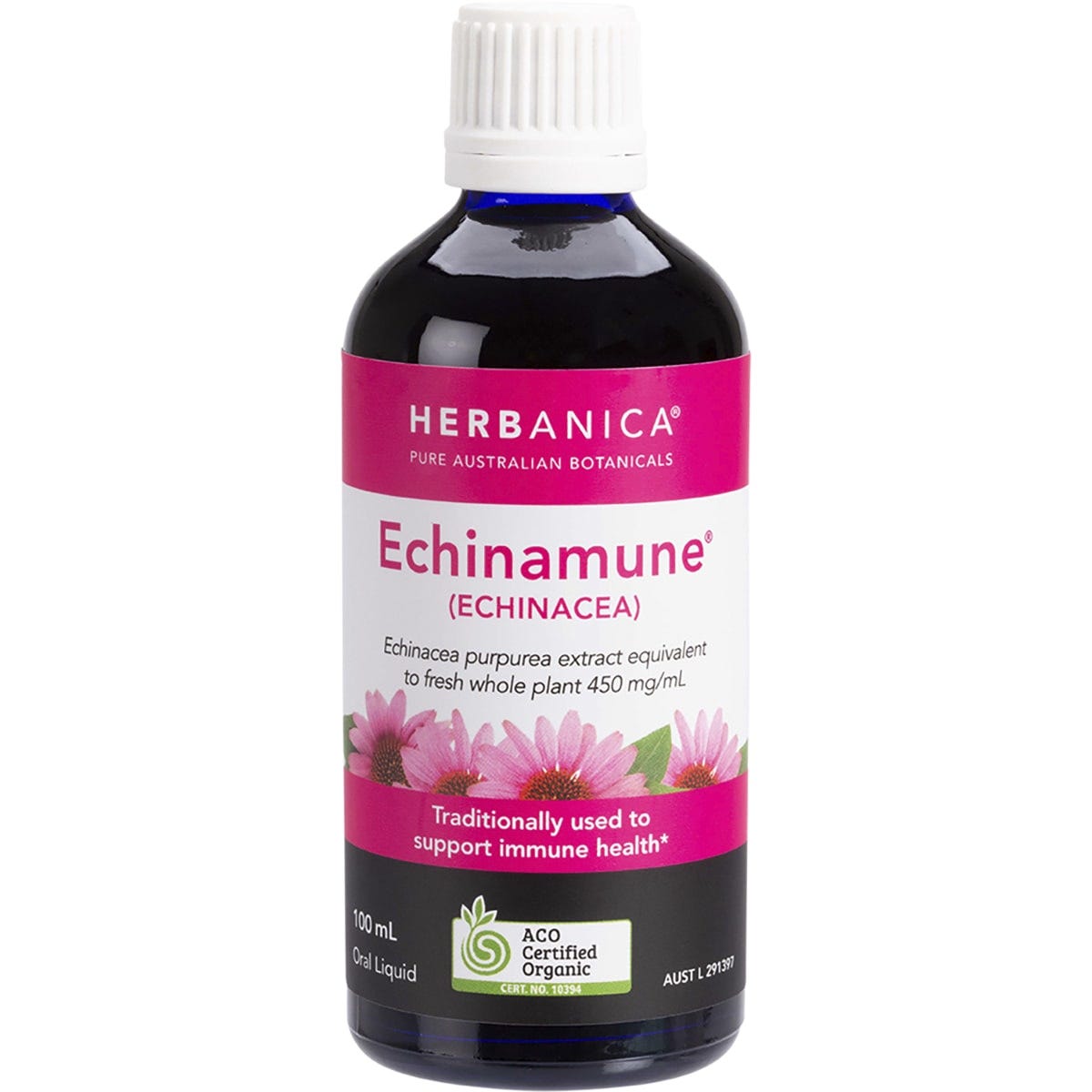 Herbanica Echinamune 100ml glass bottle with a white and green label and a white dropper cap.