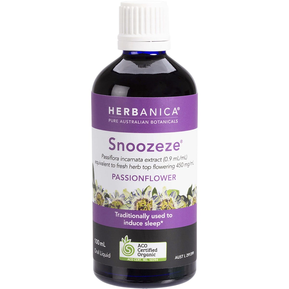 PPC Herbs Herbanica Snoozeze Passionflower 100ml tincture bottle with purple flower graphics on a white background.