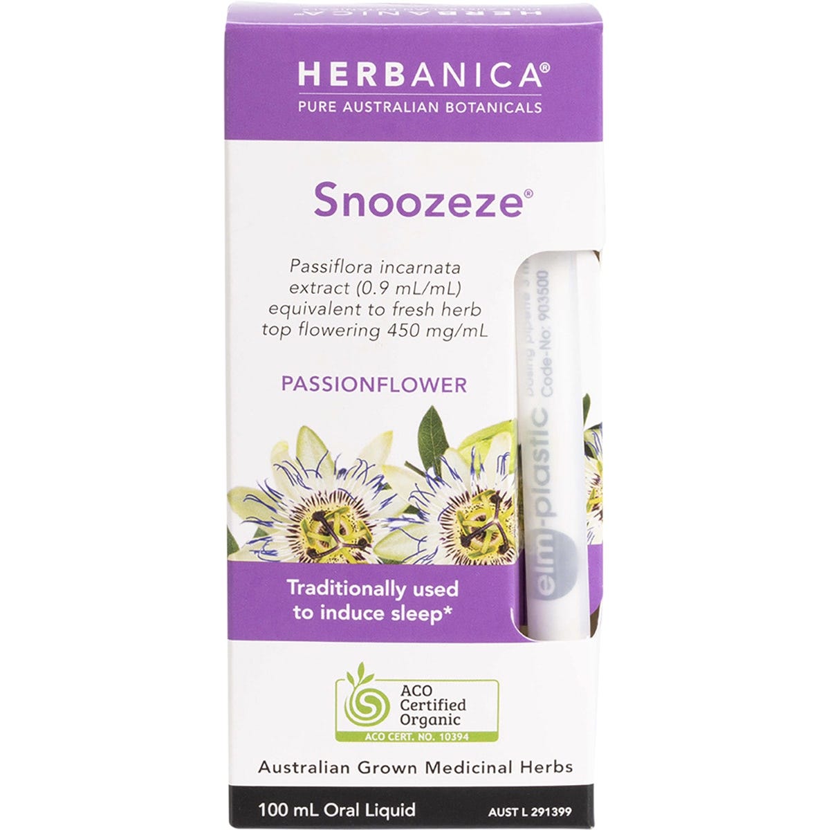 Retail box of PPC Herbs Herbanica Snoozeze Passionflower 100ml tincture with purple flower illustrations.