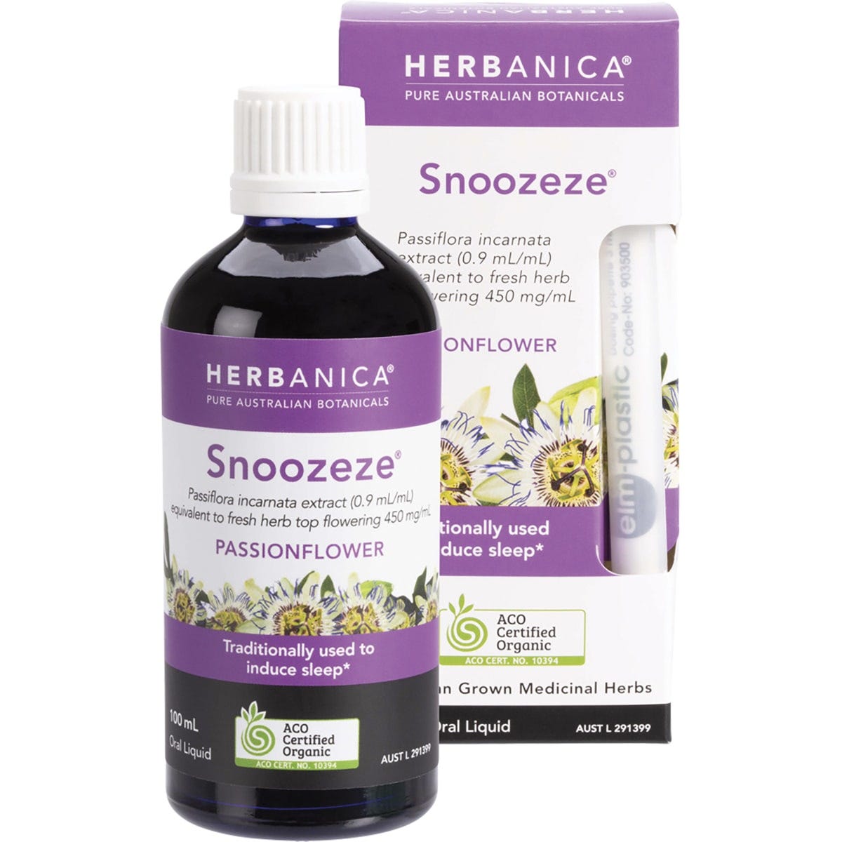 PPC Herbs Herbanica Snoozeze Passionflower 100ml tincture bottle and product box with purple flower illustrations.