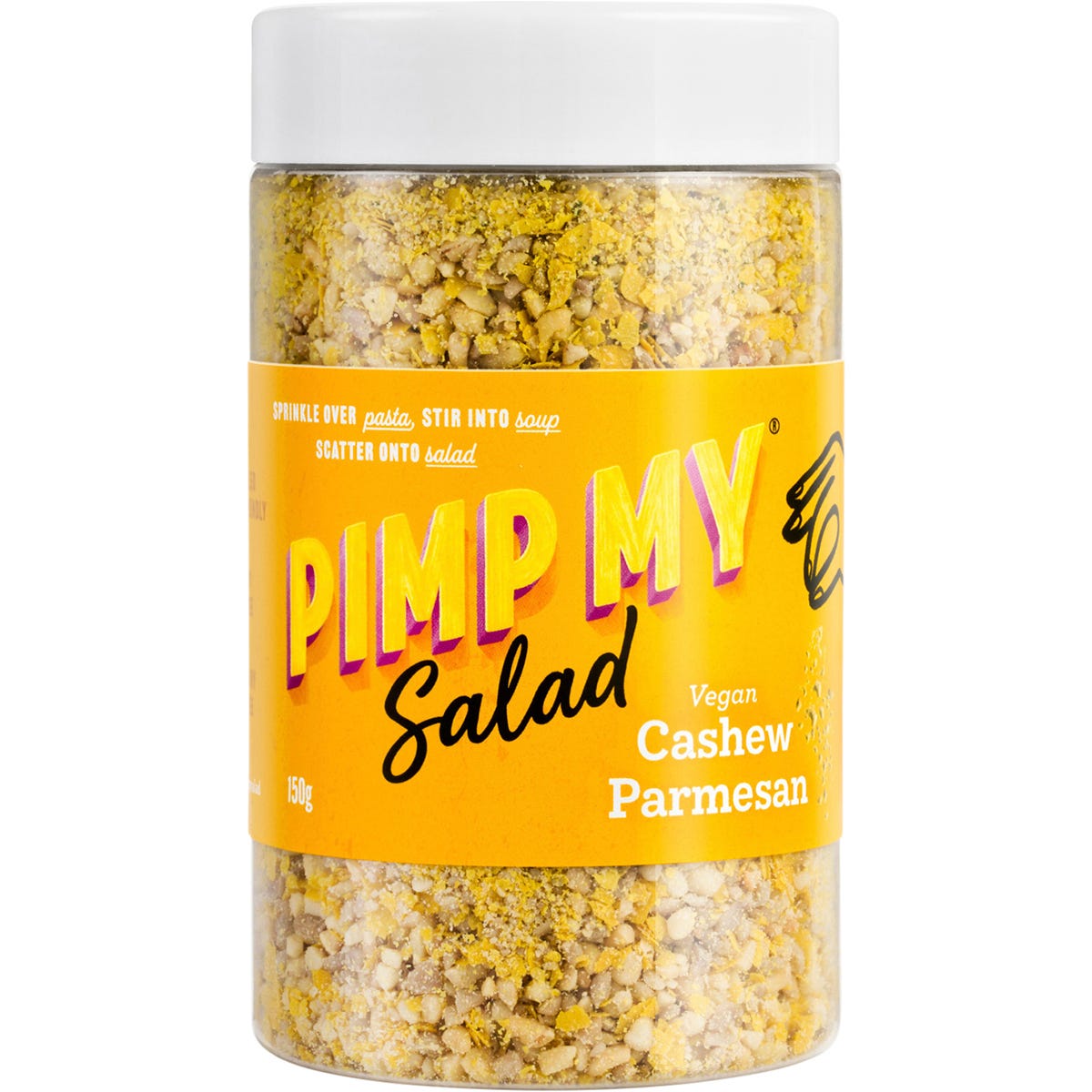 Pimp My Salad Cashew Parmesan 150g jar and 5-pack box featuring a vegan cheese alternative with botanical illustrations.