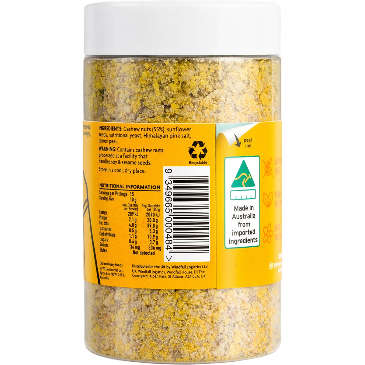 Pimp My Salad Cashew Parmesan 150g jar with botanical illustrations of cashews and lemon on a white background.