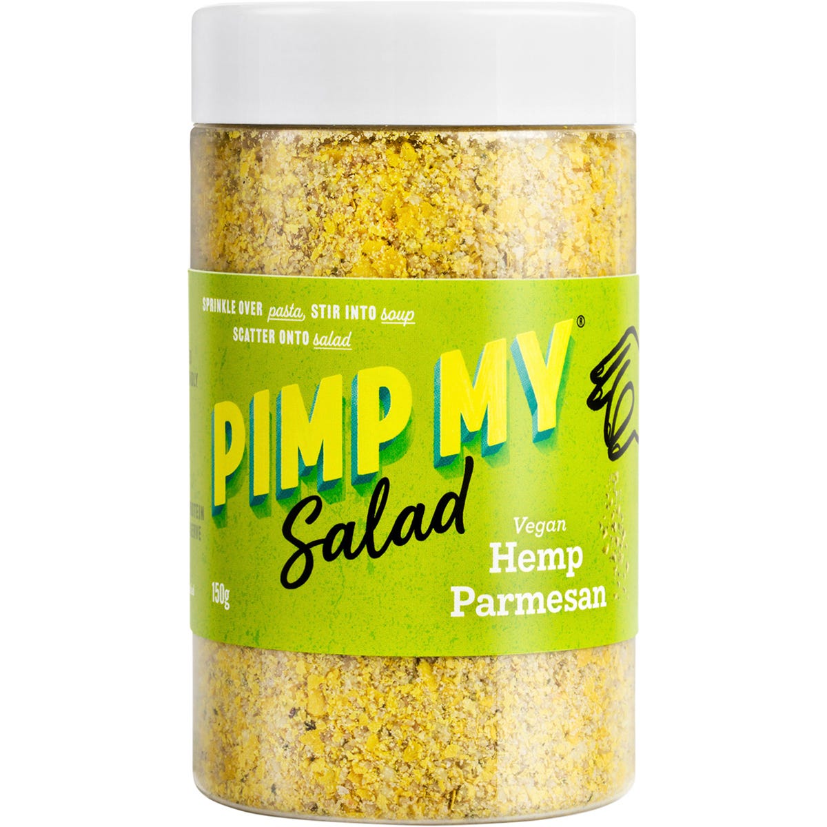 Five 150g jars of Pimp My Salad Hemp Parmesan, a plant-based vegan cheese alternative with organic hemp and herbs.