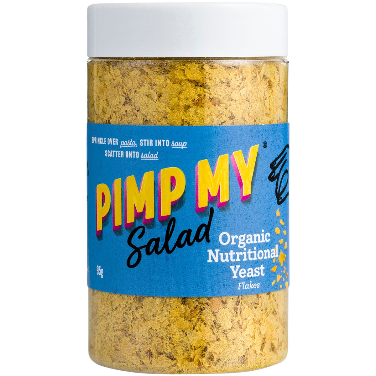 Pack of 5 jars of Pimp My Salad Organic Nutritional Yeast Flakes, 95g each, with a cheesy flavor and B vitamins.