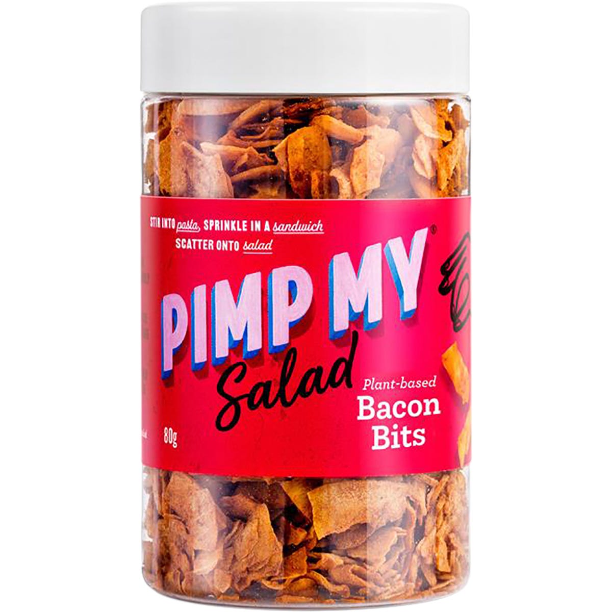 Five 80g jars of Pimp My Salad Plant-based Bacon Bits with coconut flakes and smoky tamari on a white background.