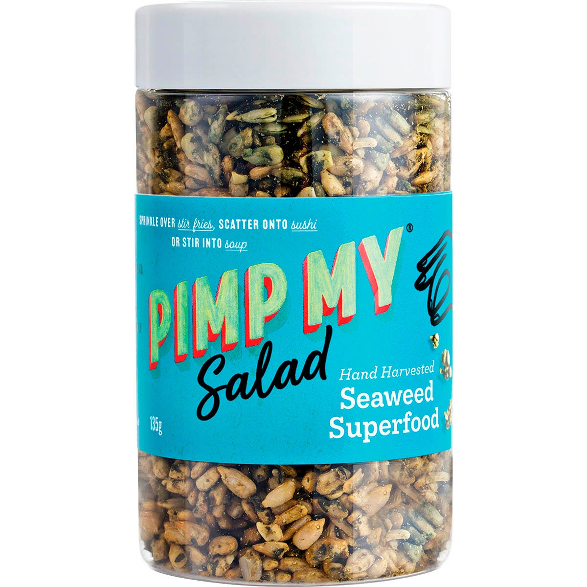Five 135g bags of Pimp My Salad Seaweed Superfood Sprinkles featuring activated seeds and sea vegetables.