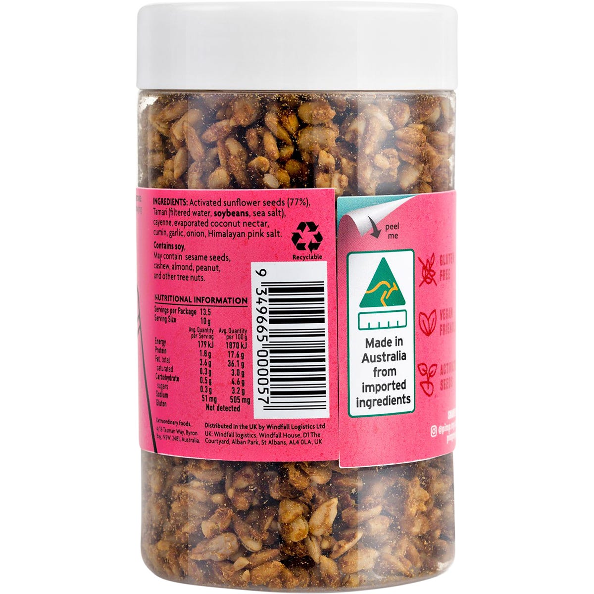 Pimp My Salad Spiced Activated Sunflower Seeds 135g jar with a yellow and red label on a white background.