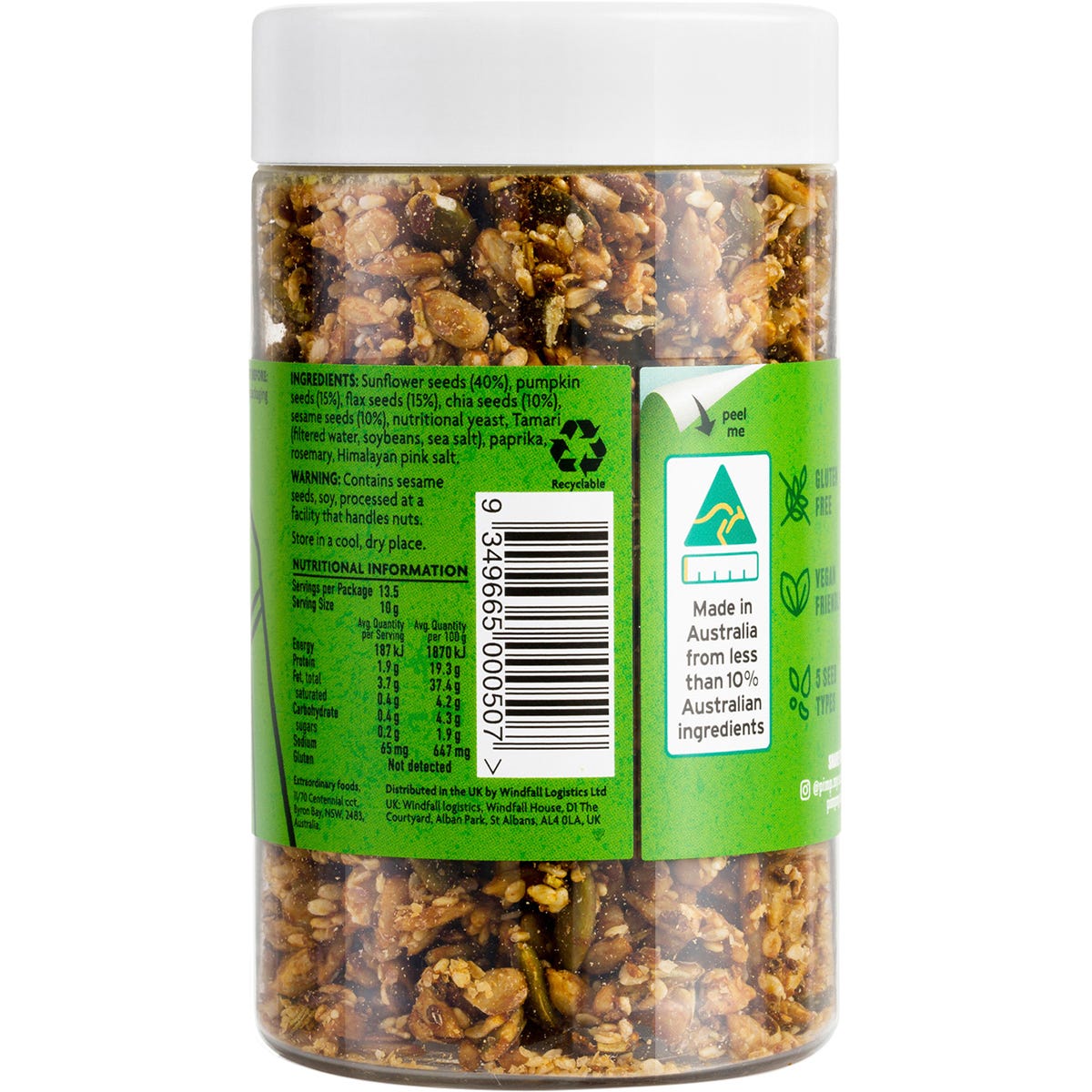 Pimp My Salad Super Seed Sprinkles 135g jar with yellow label and visible seeds on a white background.