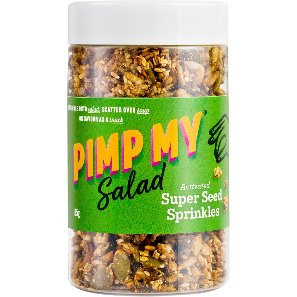 Five jars of Pimp My Salad Super Seed Sprinkles 135g with a single jar and scattered seeds in the foreground.