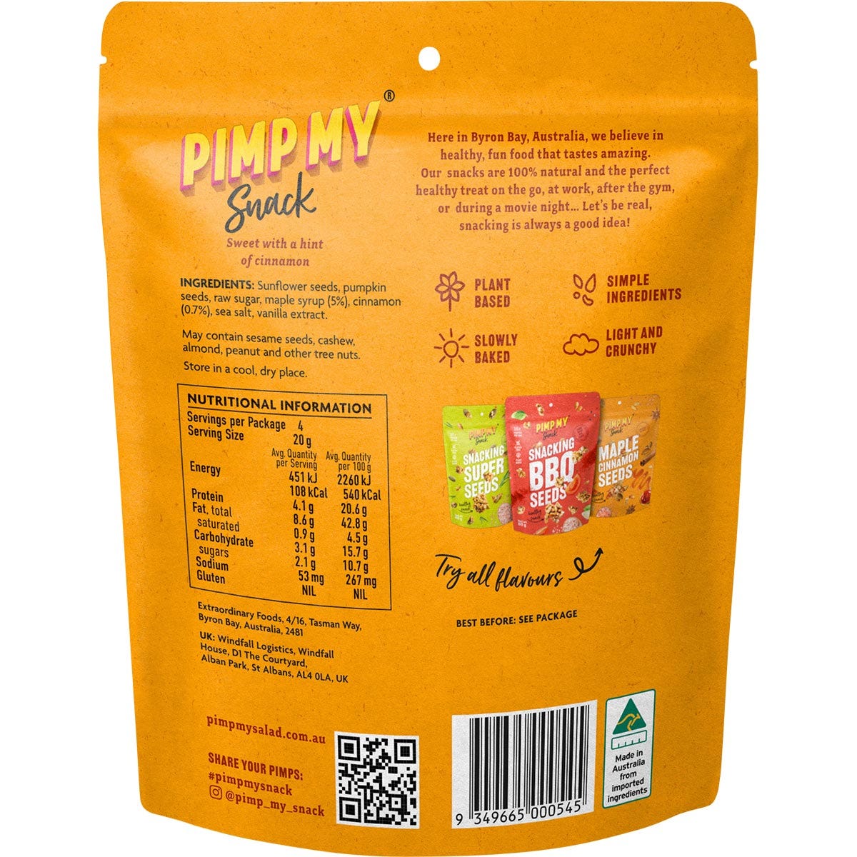 80g bag of Pimp My Snack Maple Cinnamon Seed Clusters featuring sunflower and pumpkin seeds on a white background.