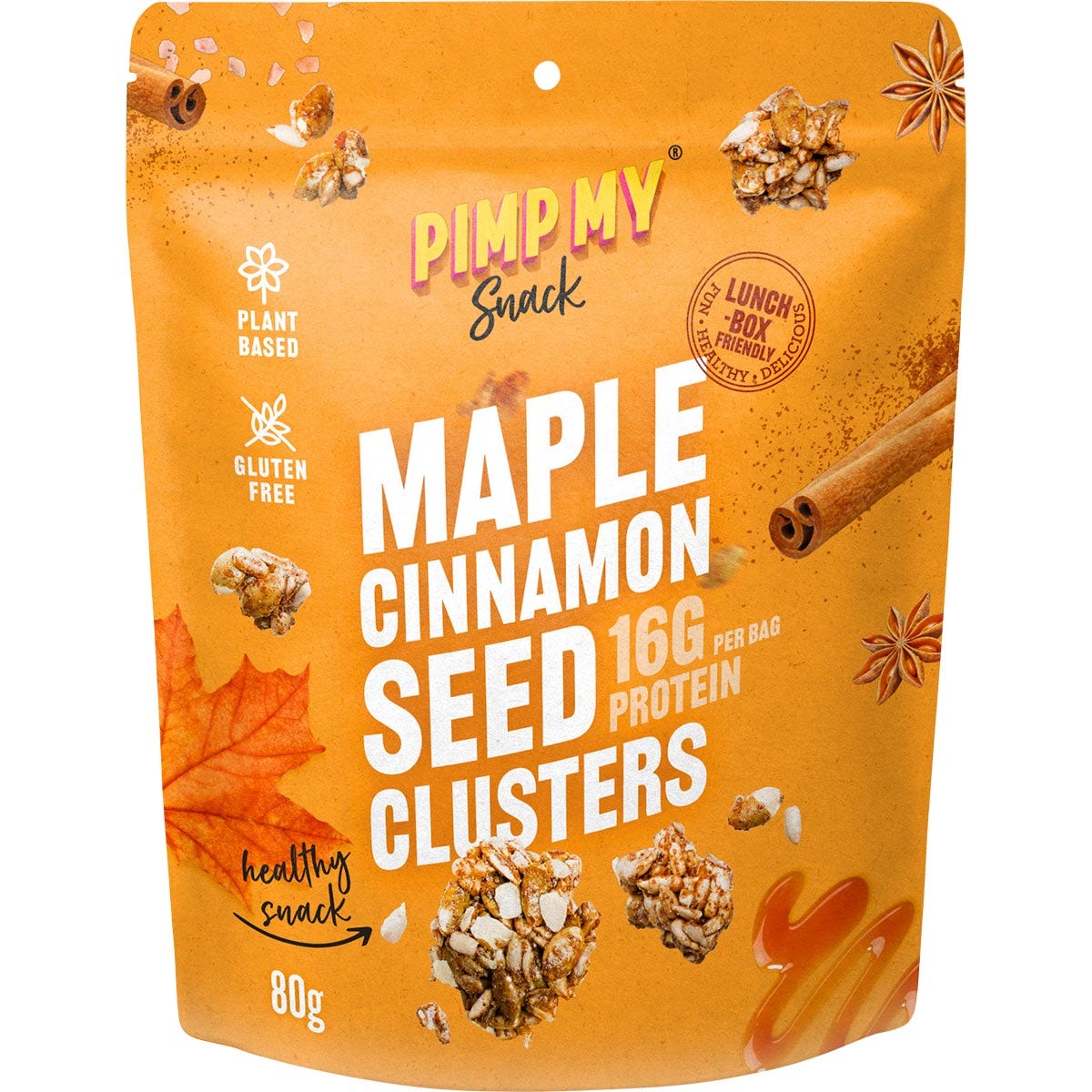 80g bag of Pimp My Snack Maple Cinnamon Seeds showing sunflower and pumpkin seeds with a cinnamon stick.