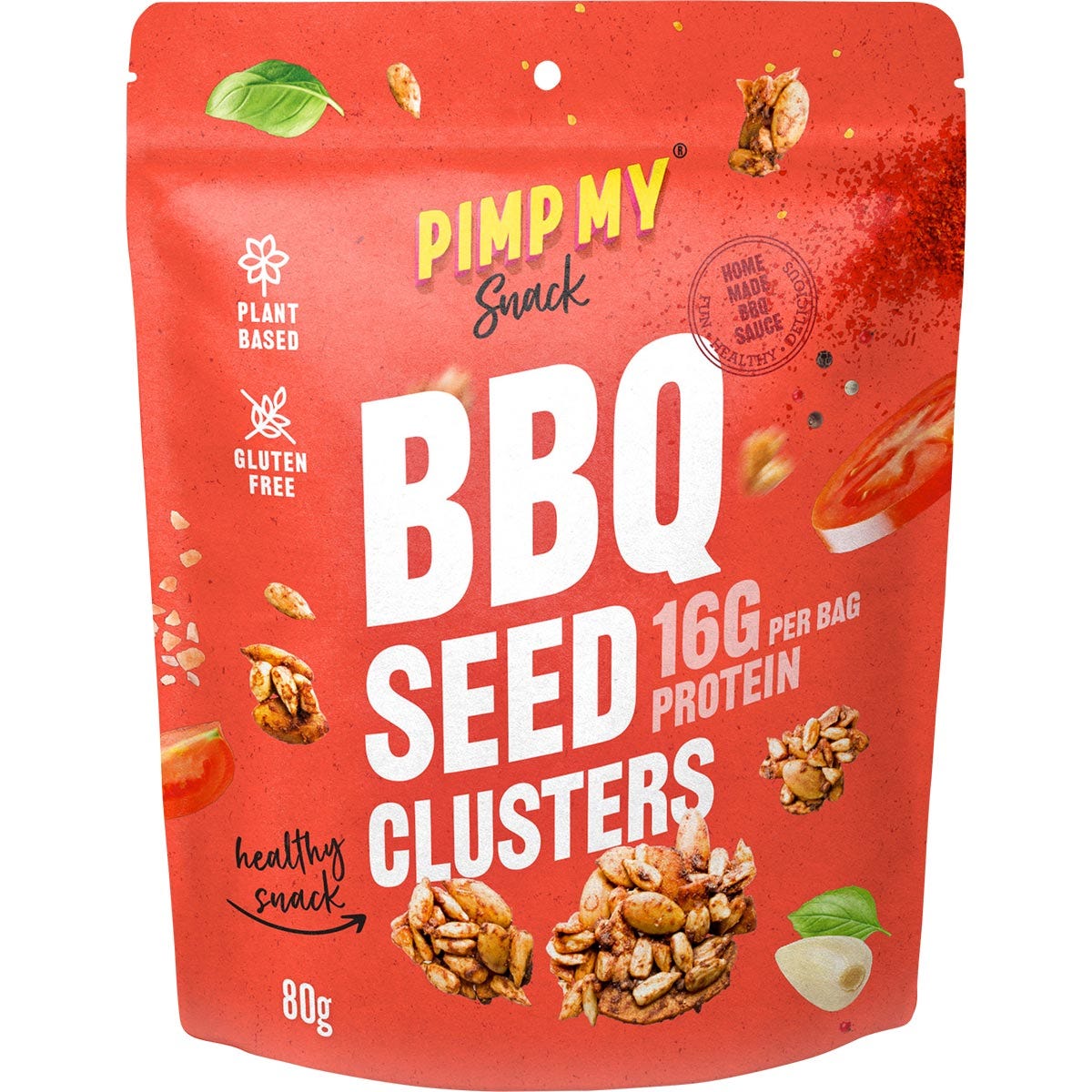 80g bag of Pimp My Snack Snacking BBQ Seeds featuring red and black packaging with a circular window showing the seeds.