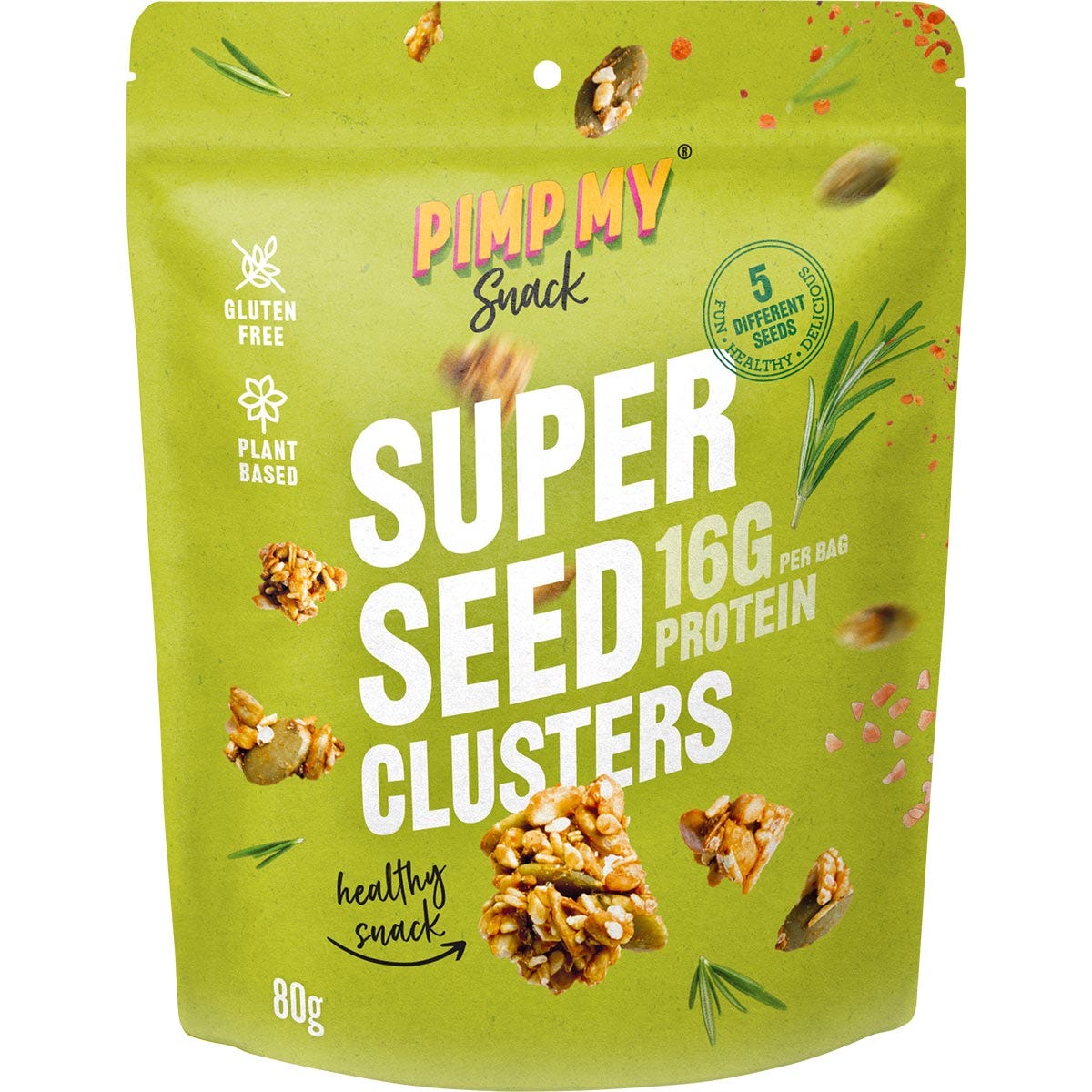 Pimp My Snack Snacking Super Seeds 80g bag featuring a mix of nutritious seeds and rosemary on a white background.