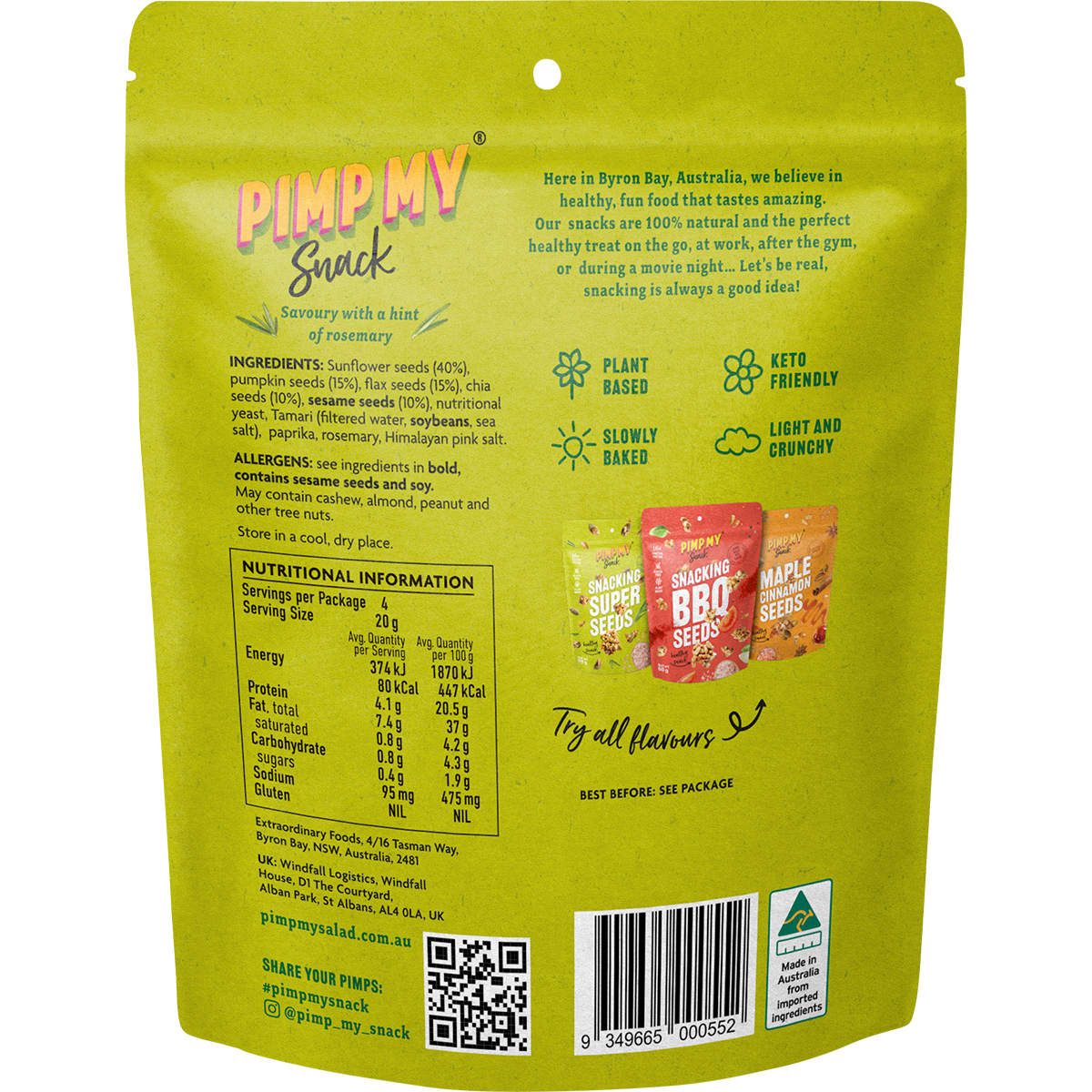 Pimp My Snack Snacking Super Seeds 80g bag with sunflower, pumpkin, flax, chia, and sesame seeds on a white background.