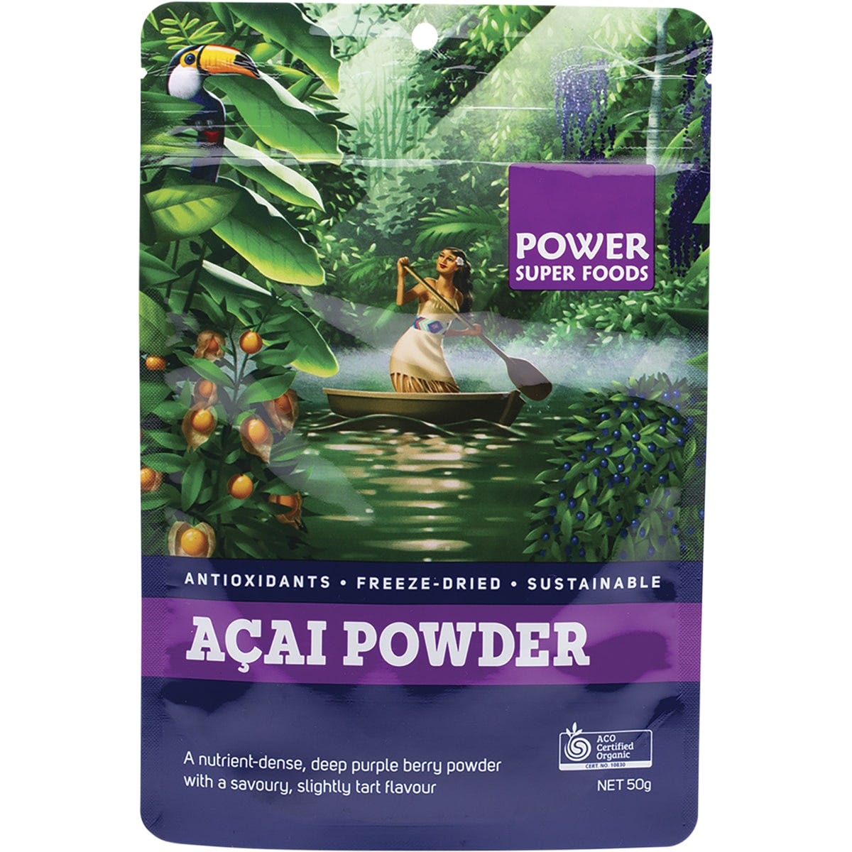 50g pouch of Power Super Foods Certified Organic Acai Powder featuring a purple label with acai berries.