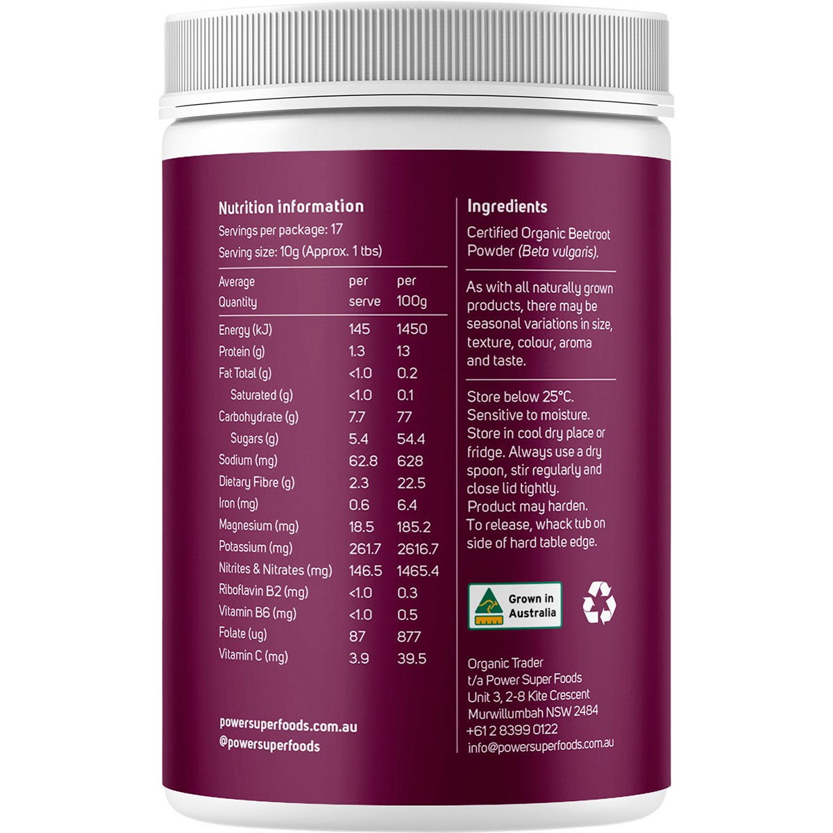 170g bag of Power Super Foods Certified Organic Beetroot Powder against a white background.