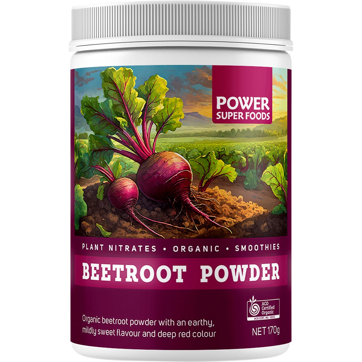 170g bag of Power Super Foods Certified Organic Beetroot Powder, featuring a vibrant red beet illustration.