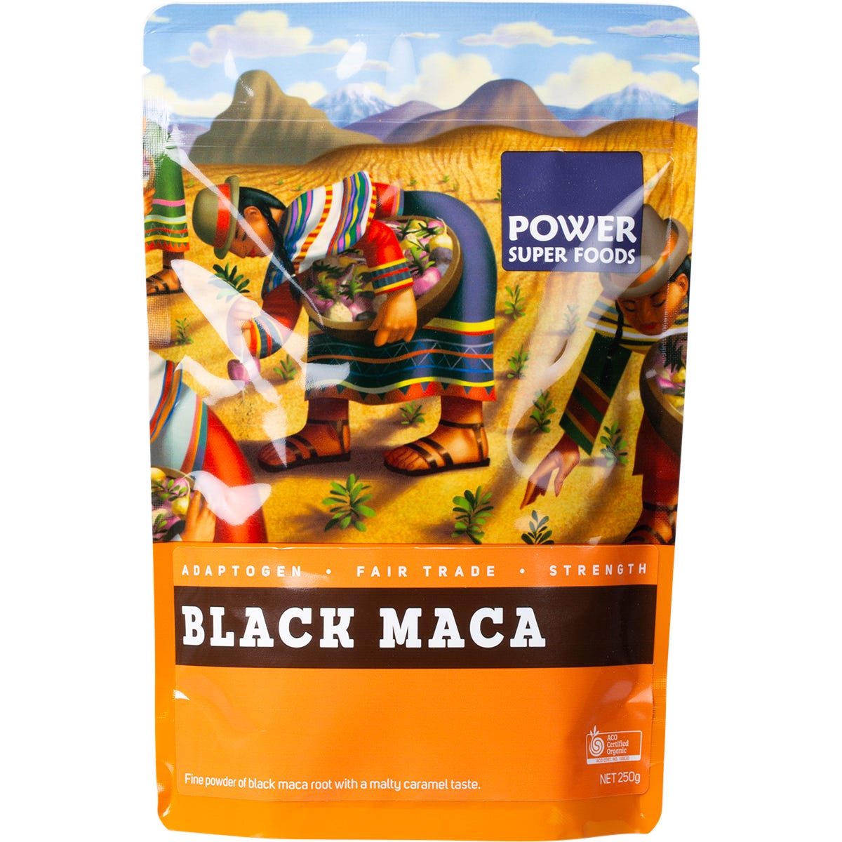 250g bag of Power Super Foods Black Maca Powder, a certified organic Peruvian superfood on a white background.