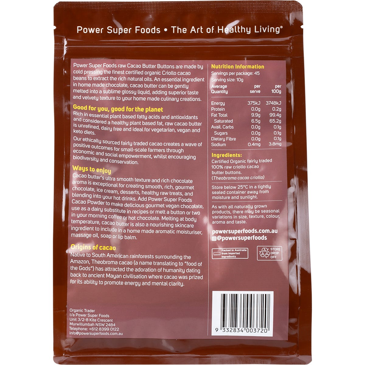 Power Super Foods Raw Cacao Butter Buttons in a 450g bag with a gold and brown label.