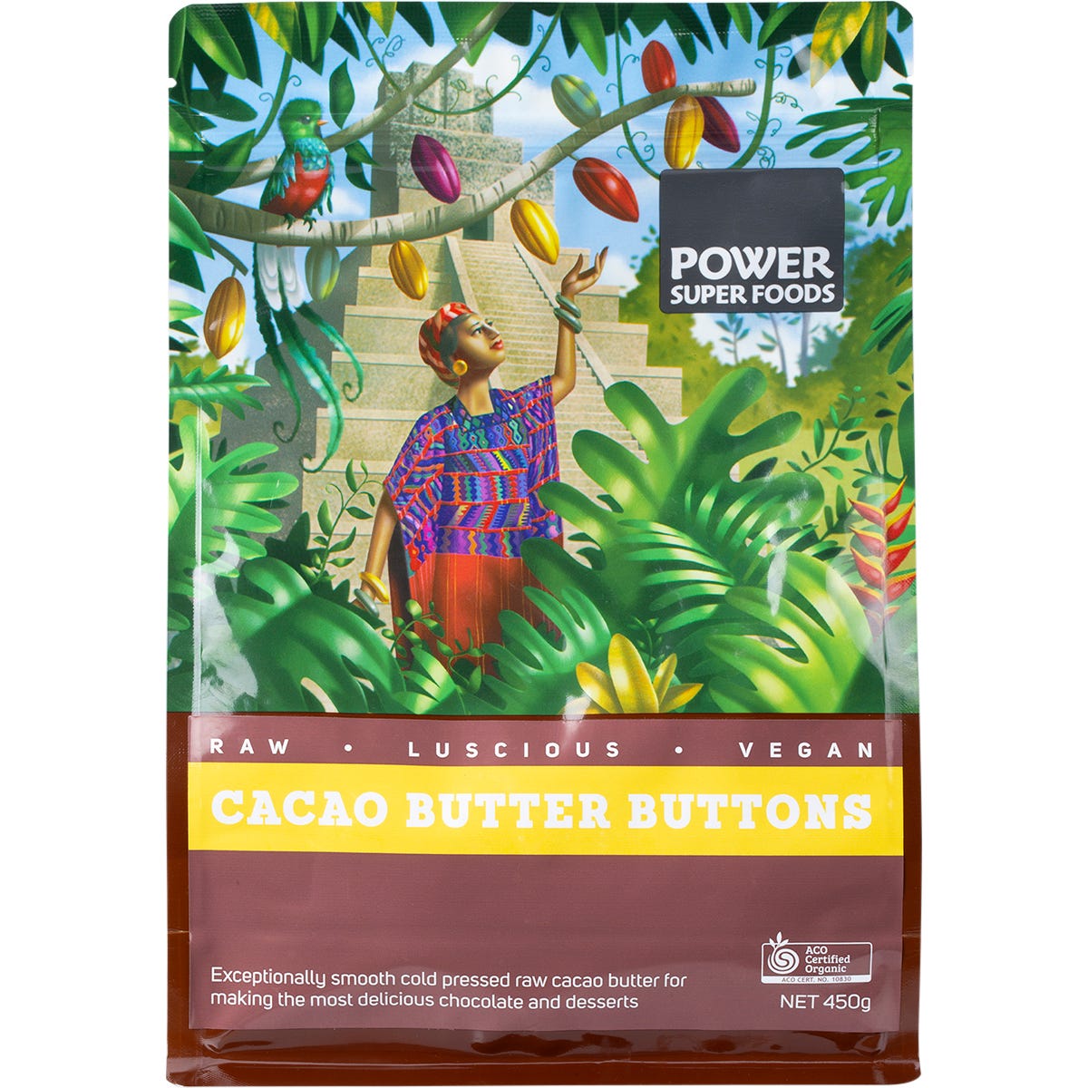 450g bag of Power Super Foods Raw Cacao Butter Buttons with a gold and brown label on a white background.