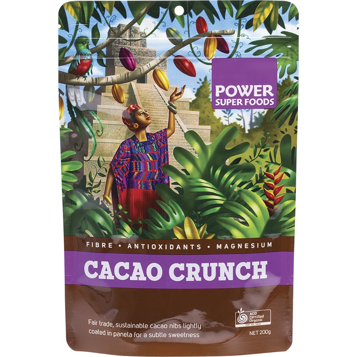 200g bag of Power Super Foods Organic Cacao Crunch Nibs with a dark label on a white background.