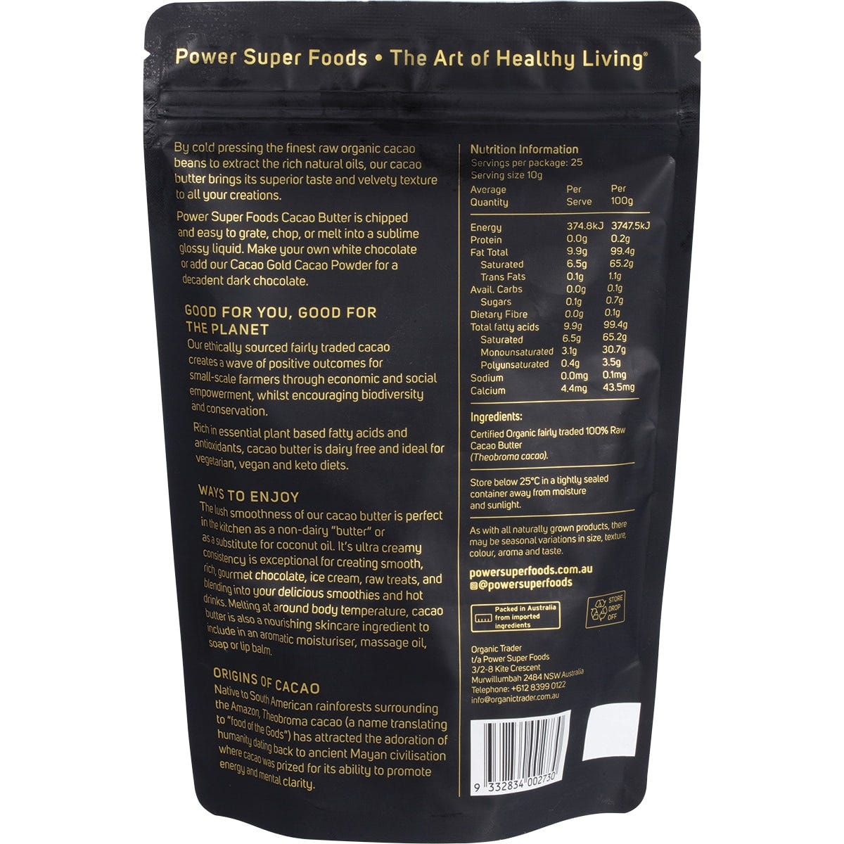 Power Super Foods Cacao Gold Butter Chunks 250g bag shown from the back with product information.
