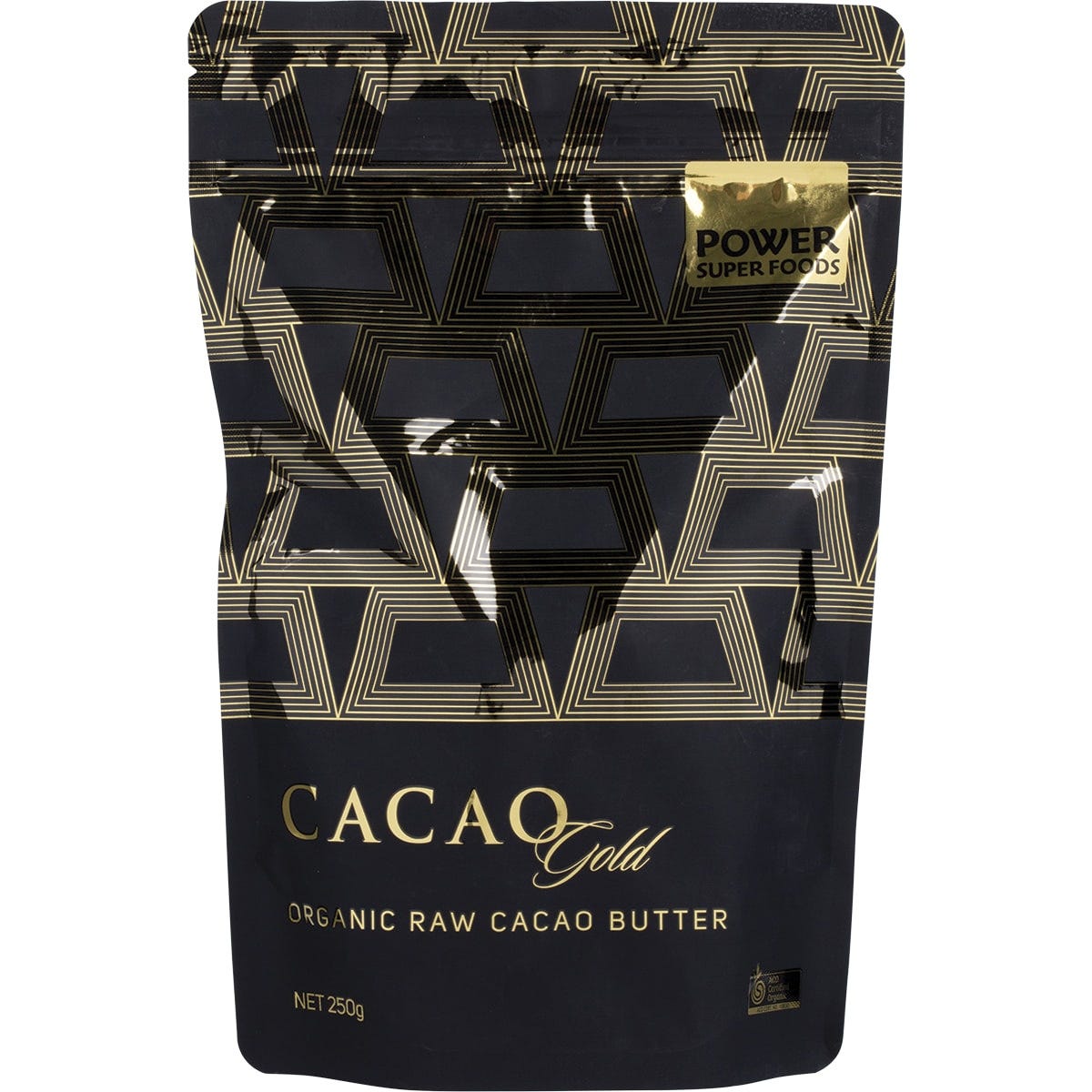 250g bag of Power Super Foods Cacao Gold Butter Chunks with raw organic cacao pieces on a white background.