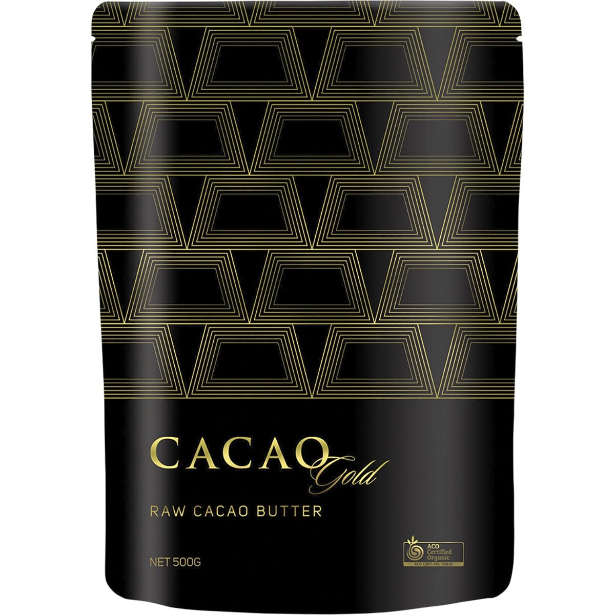 500g bag of Power Super Foods Cacao Gold Butter Chunks, raw and certified organic, on a white background.