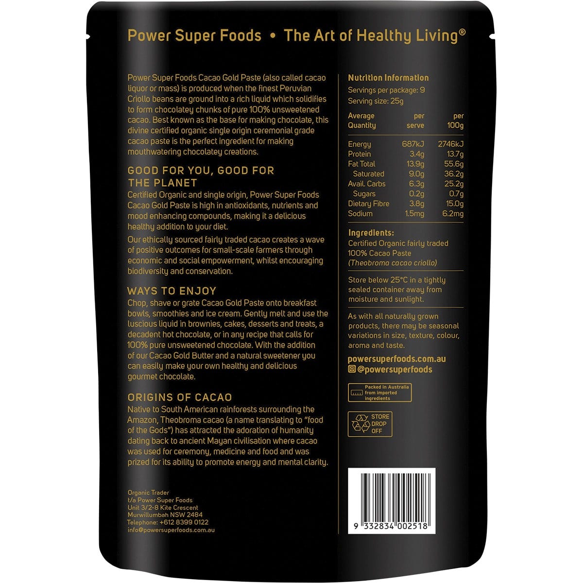 Power Super Foods Cacao Gold Paste Chunks Ceremonial Grade Cert Organic 225g Payless 4 Organics