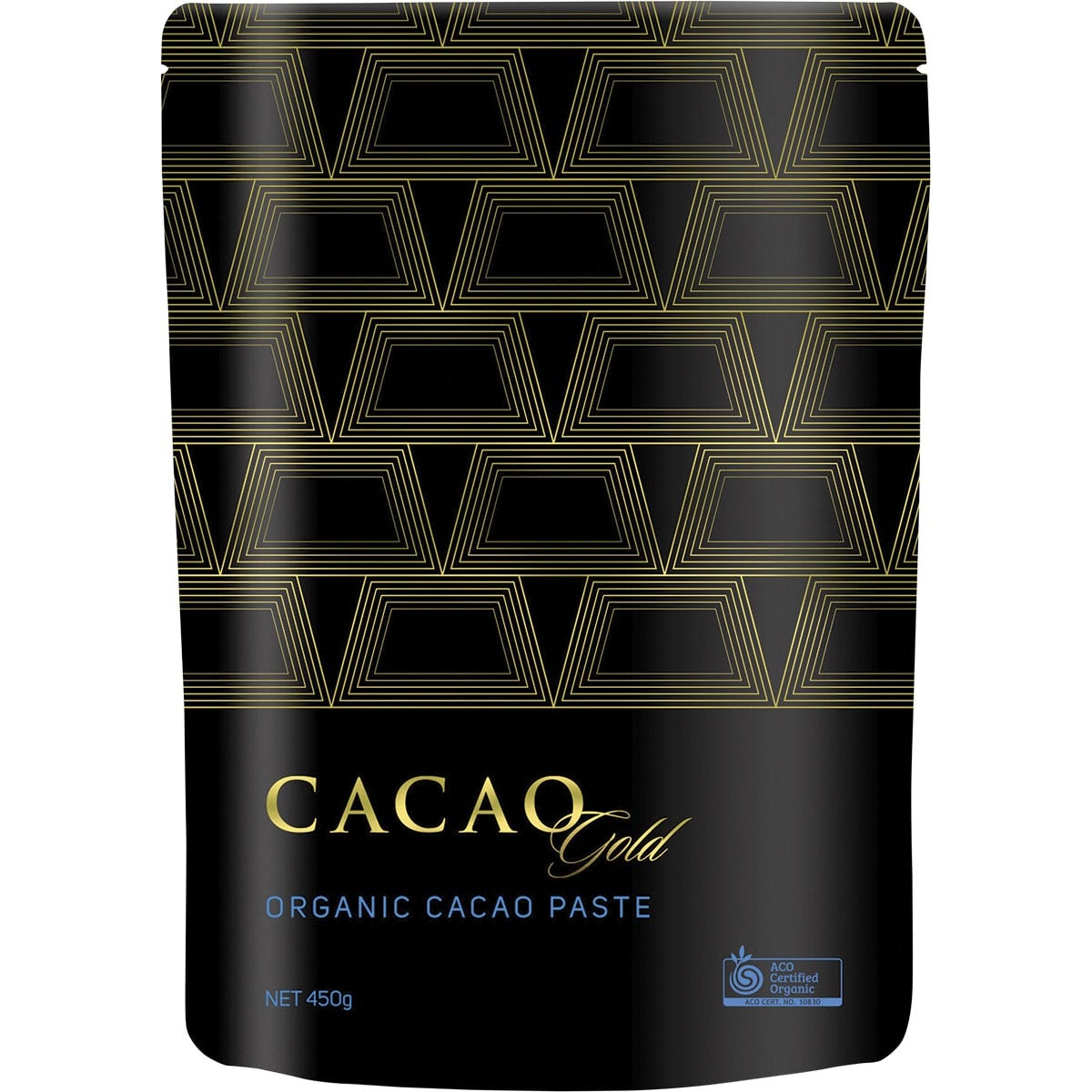 Power Super Foods Cacao Gold Paste Chunks 450g bag with ceremonial grade cacao chunks and gold accents.